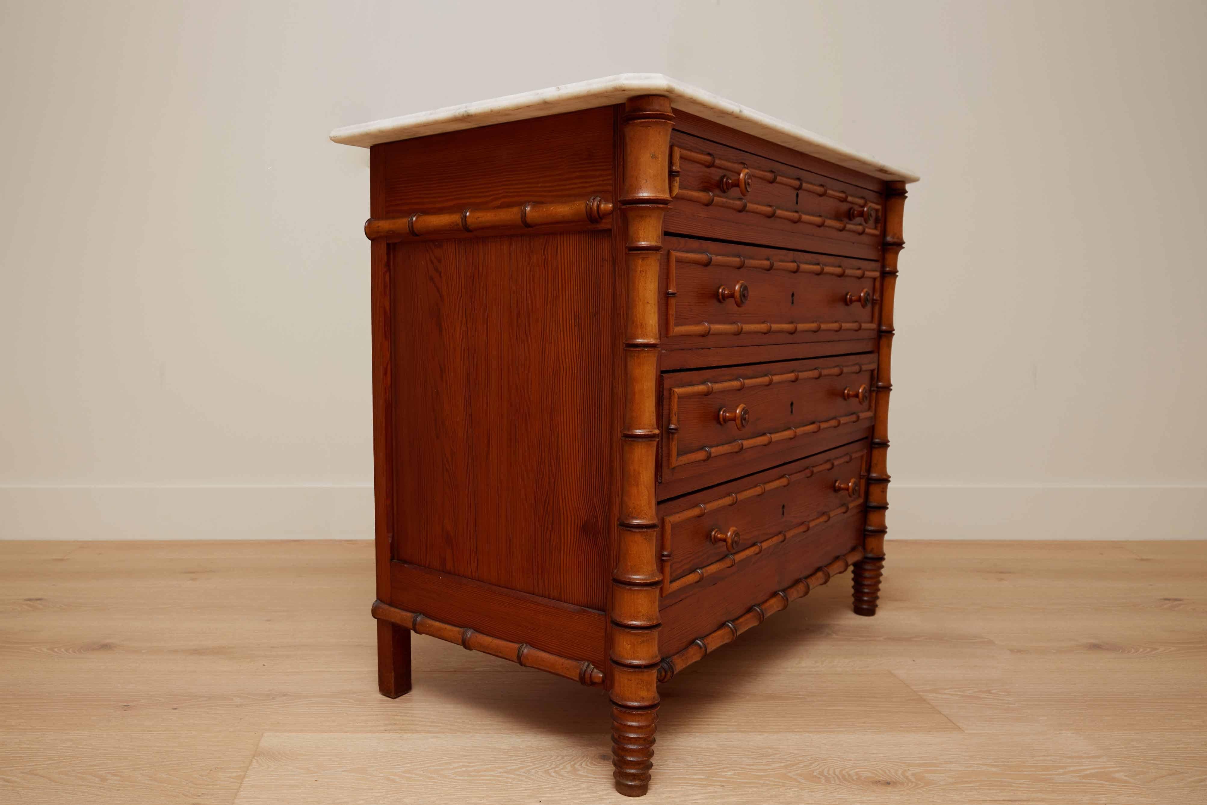 Carrara Marble 19th-C. French Faux Bamboo Pine & Marble Chest / Commode