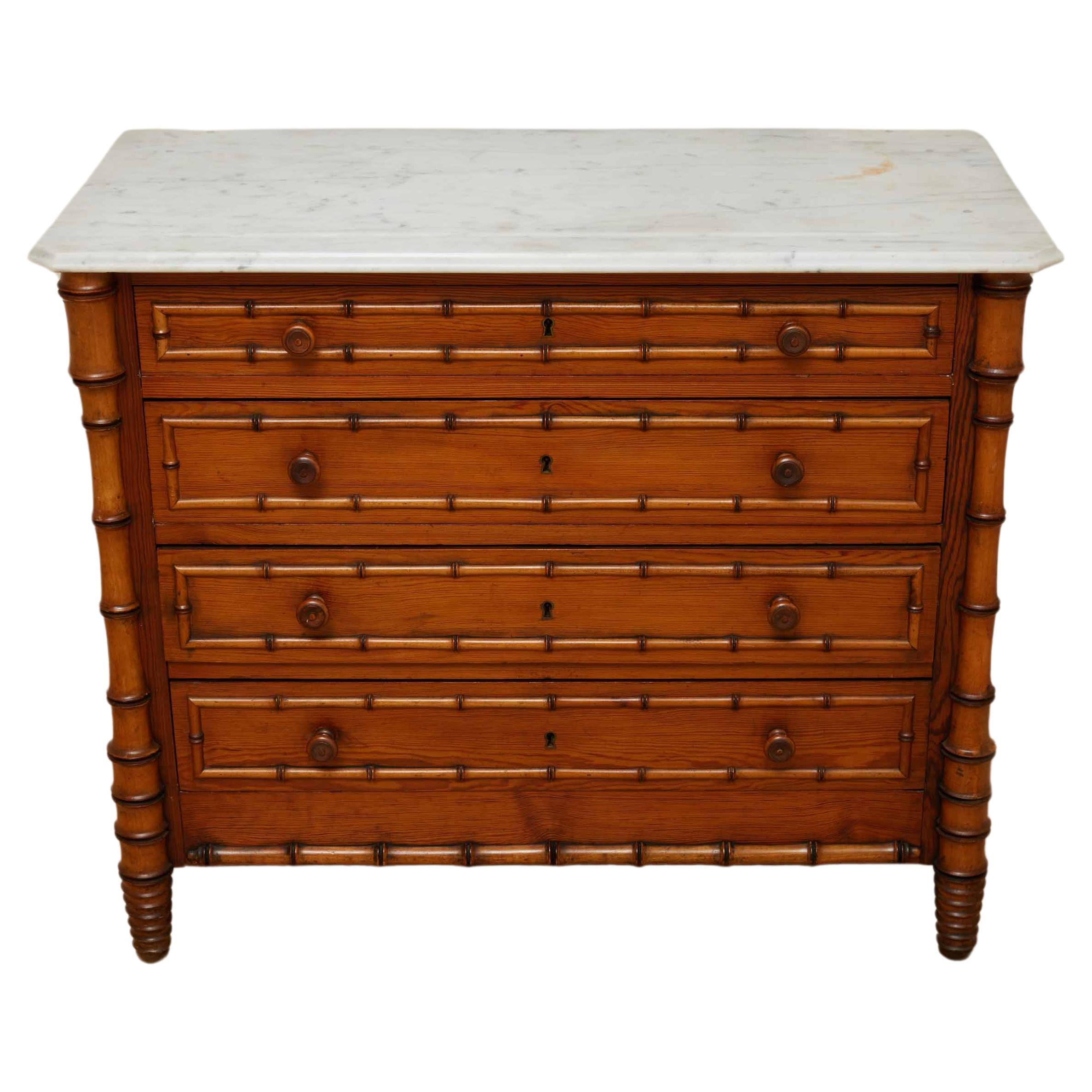 19th-C. French Faux Bamboo Pine & Marble Chest / Commode