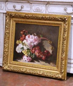 Natura morta floreale francese del XIX secolo Olio su tela con cornice dorata di Pierre Bourgogne