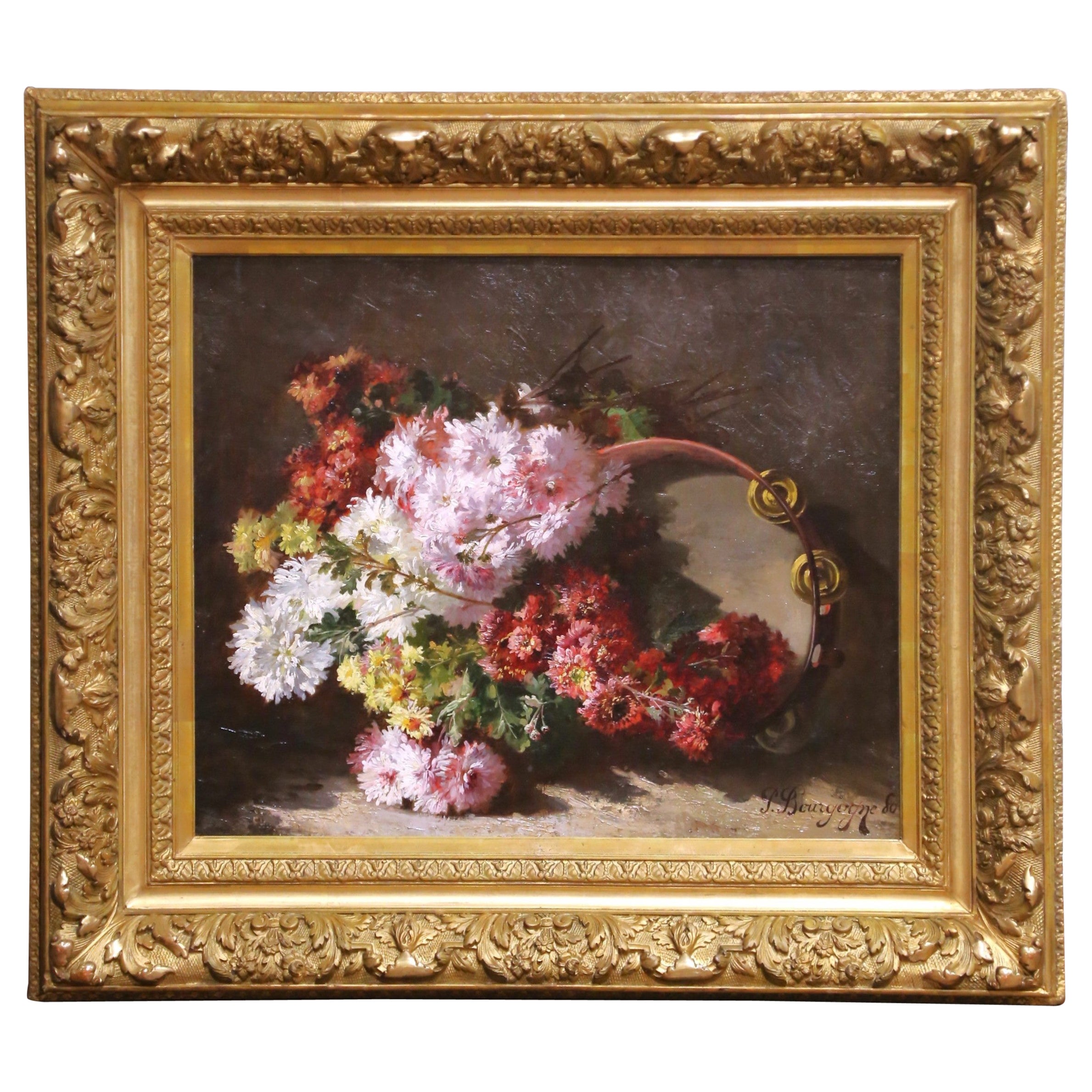 19th C. French Floral Still Life Oil on Canvas in Gilt Frame by Pierre Bourgogne en vente