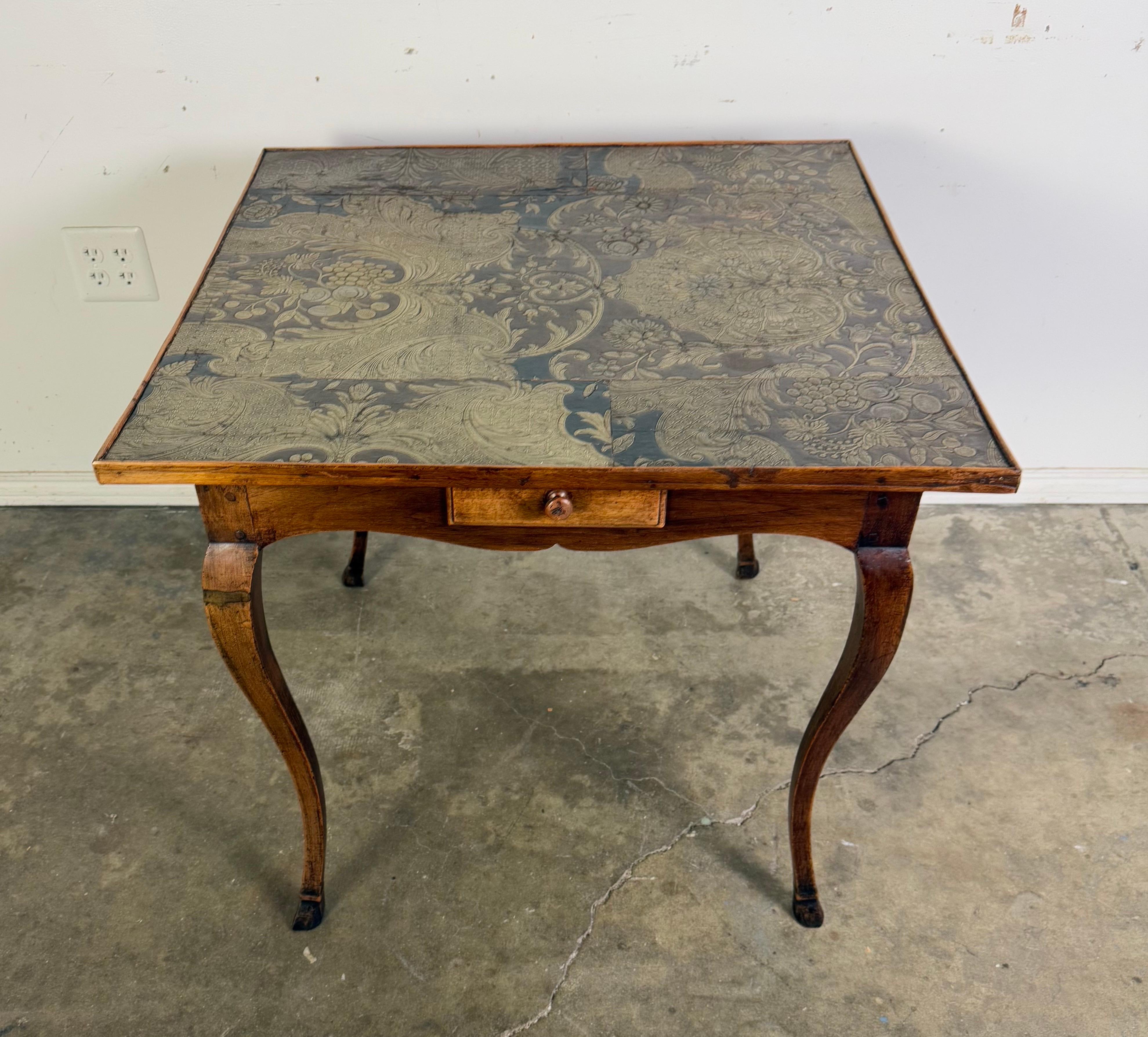 French Provincial 19th C. French Game Table w/ Embossed Leather Top For Sale