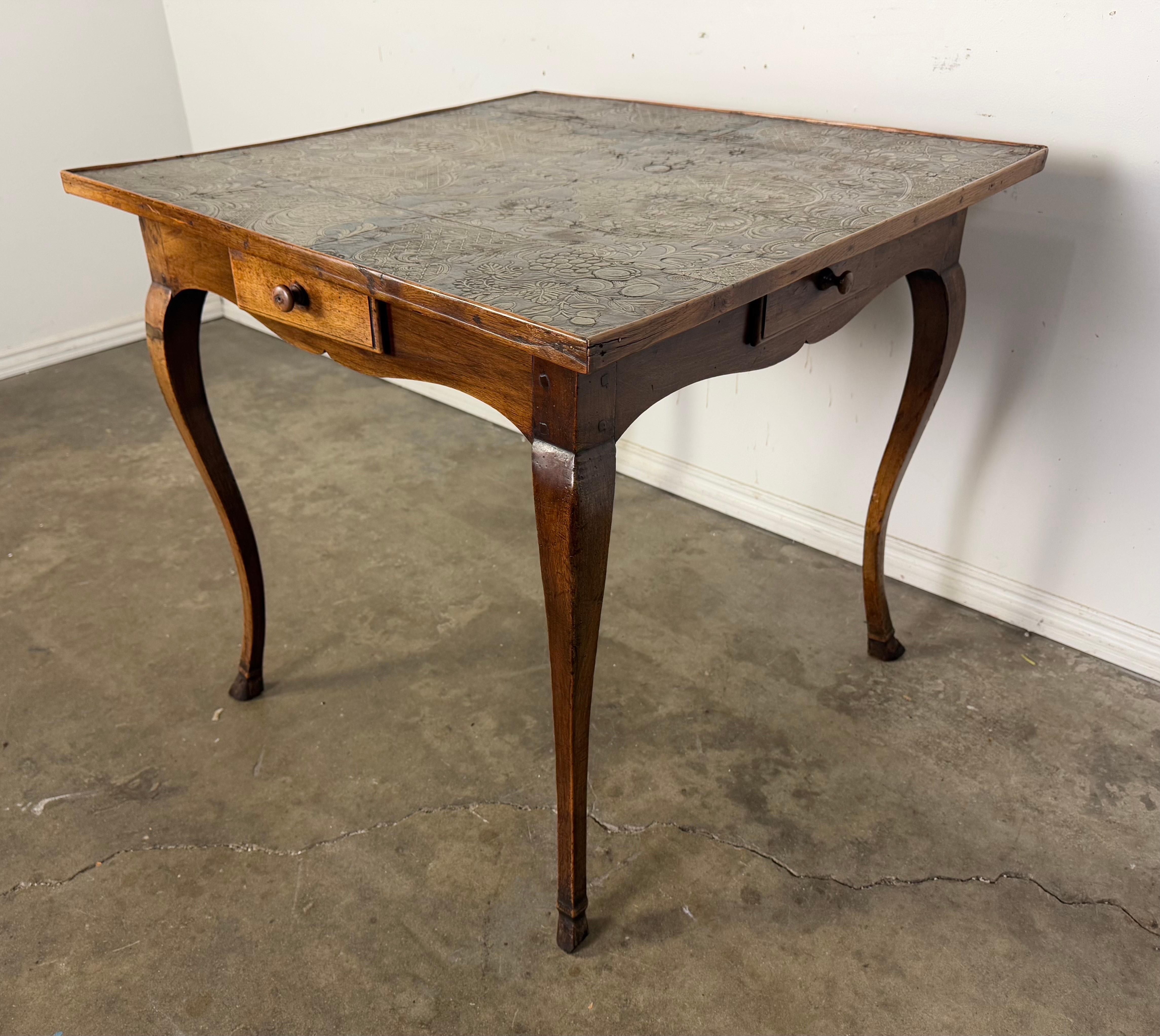 19th C. French Game Table w/ Embossed Leather Top In Distressed Condition For Sale In Los Angeles, CA
