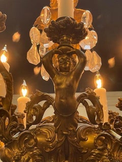 19th c. French Gilt Bronze and Crystal Cherub Chandelier