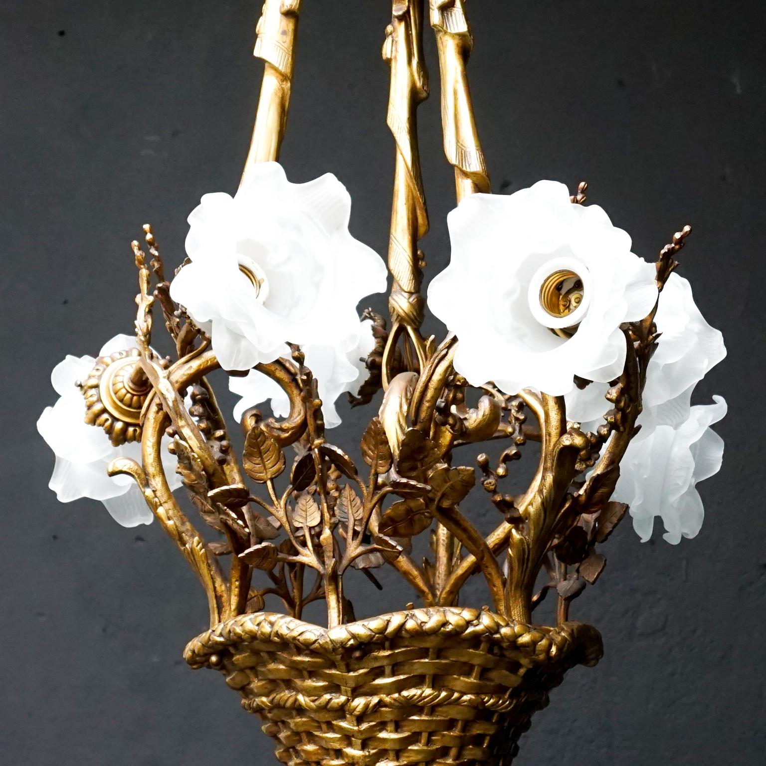 19th C. French Gilt Bronze Basket with Glass Roses, Marie Antoinette Chandelier For Sale 2
