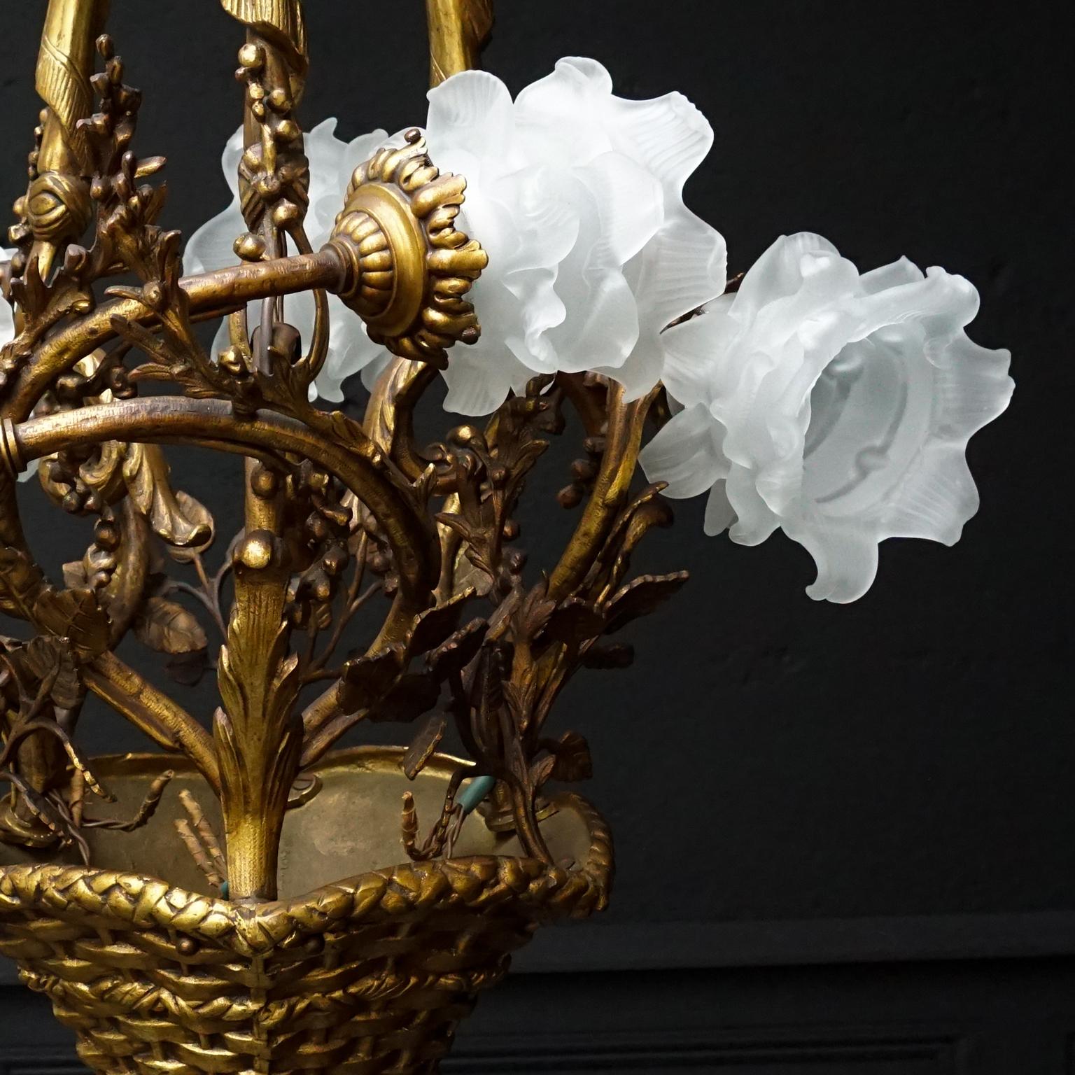 19th C. French Gilt Bronze Basket with Glass Roses, Marie Antoinette Chandelier For Sale 6