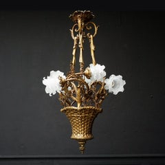 19th C. French Gilt Bronze Basket with Glass Roses, Marie Antoinette Chandelier