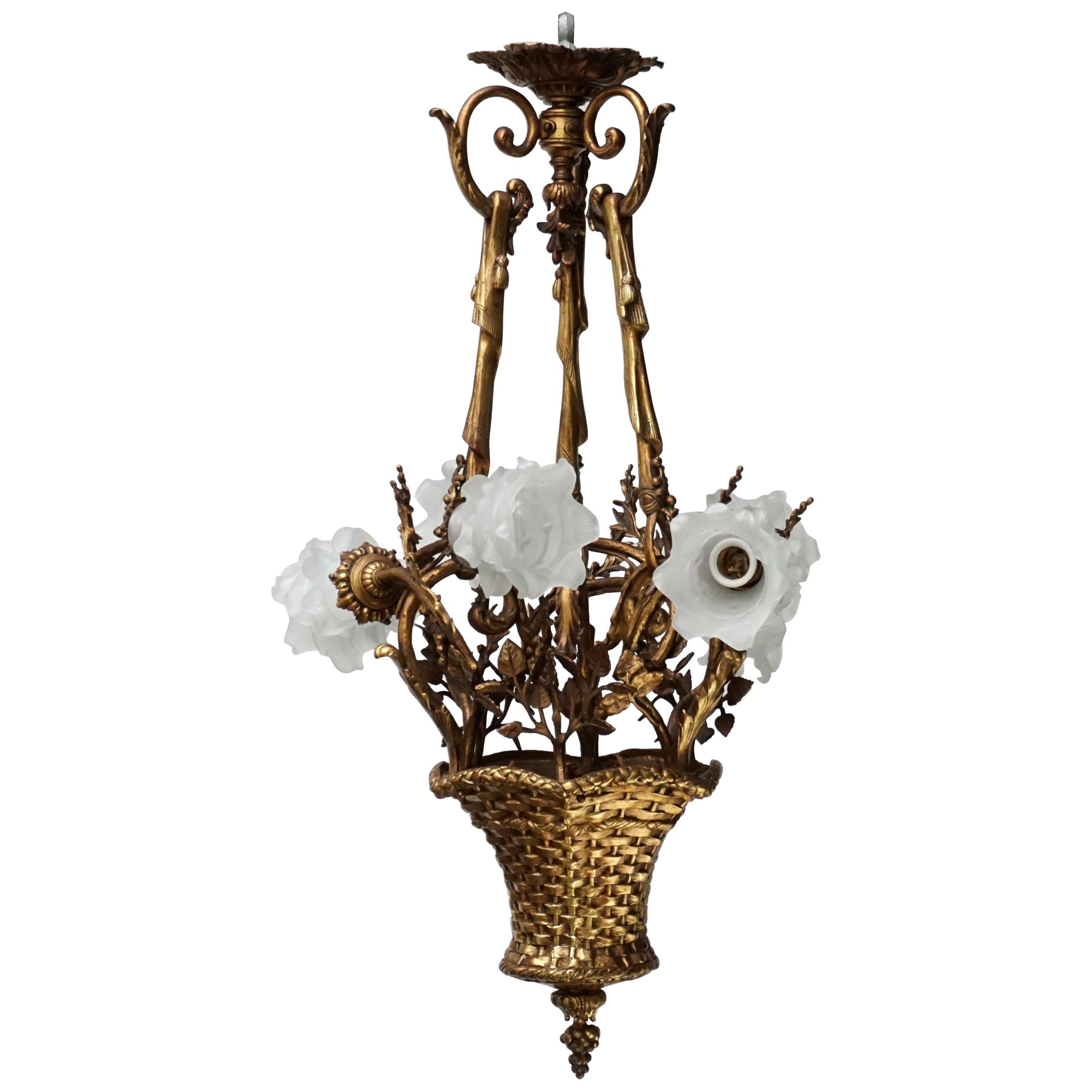 19th C. French Gilt Bronze Basket with Glass Roses, Marie Antoinette Chandelier