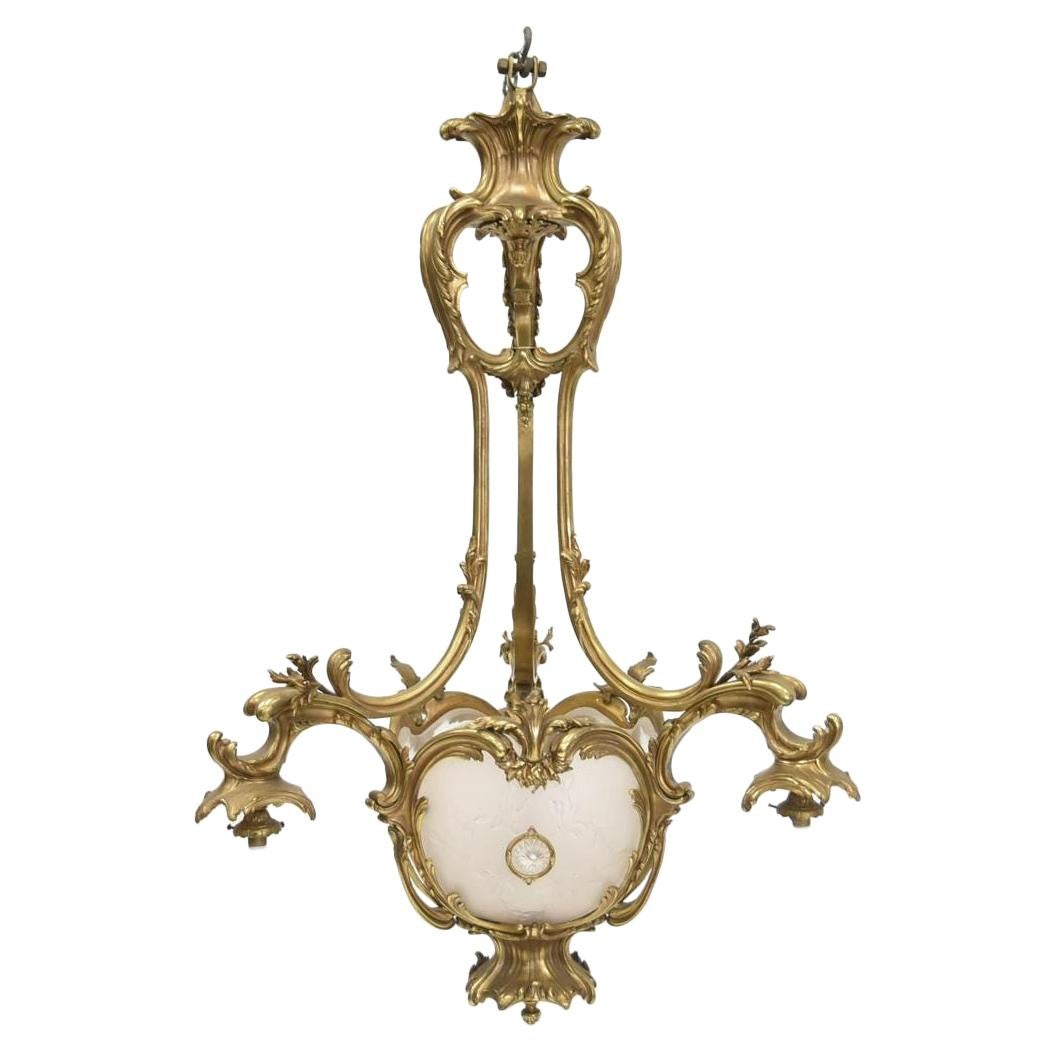 19th C French Gilt Bronze Chandelier with Frosted Lalique Style Glass Inserts