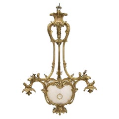 Araña francesa de bronce dorado del siglo XIX con inserciones de cristal esmerilado estilo Lalique
