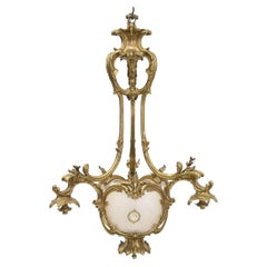 Antique 19th C French Gilt Bronze Chandelier with Frosted Lalique Style Glass Inserts