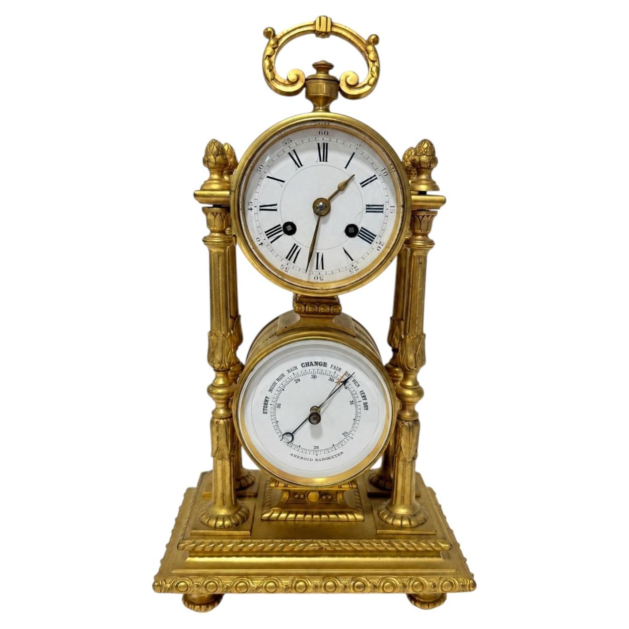 Orologio e barometro aneroide “Médaille d’Or” di Honoré Pons, in bronzo dorato, XIX secolo, Francia in vendita