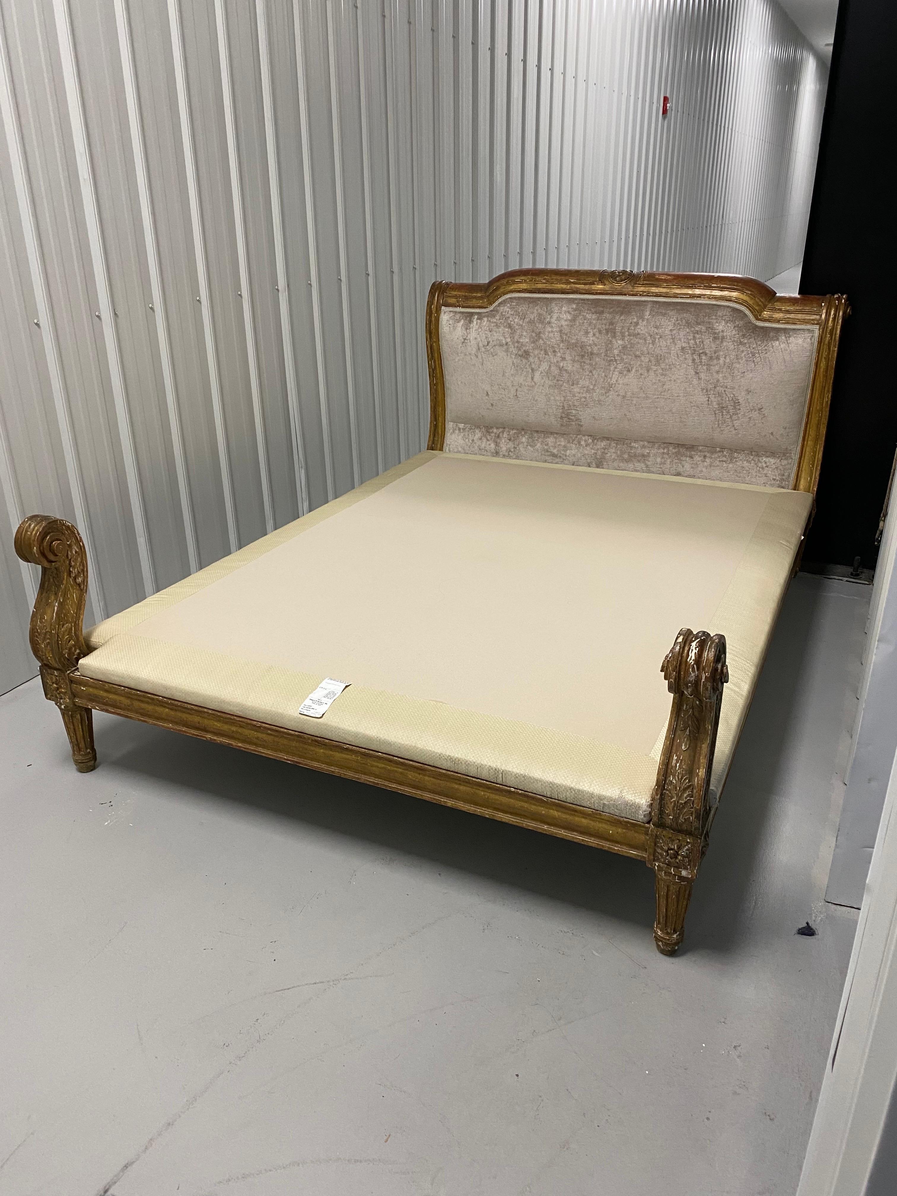 19th C. French Gilt-Wood Customized Queen Sleigh Bed with Mattress, David Easton For Sale 9
