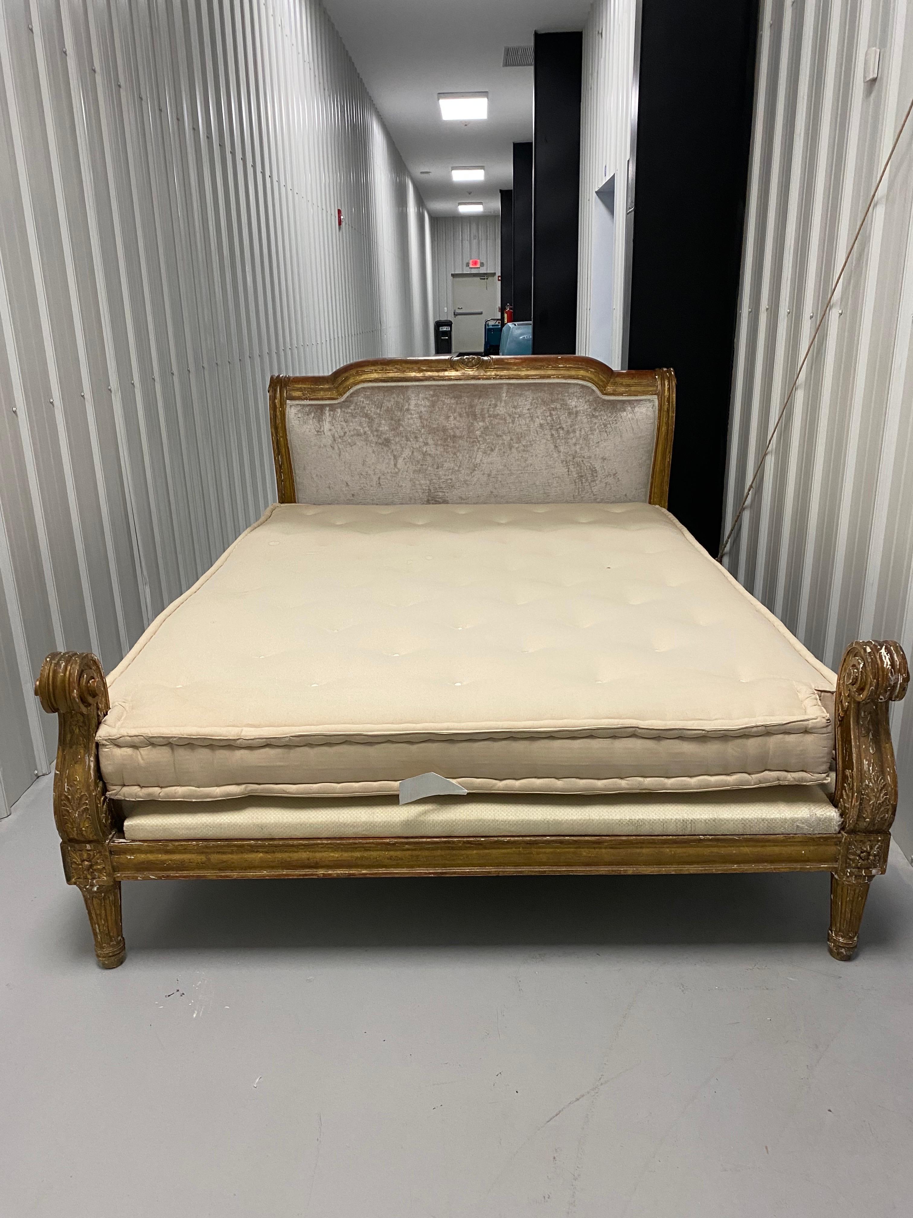 19th C. French Gilt-Wood Customized Queen Sleigh Bed with Mattress, David Easton For Sale 11