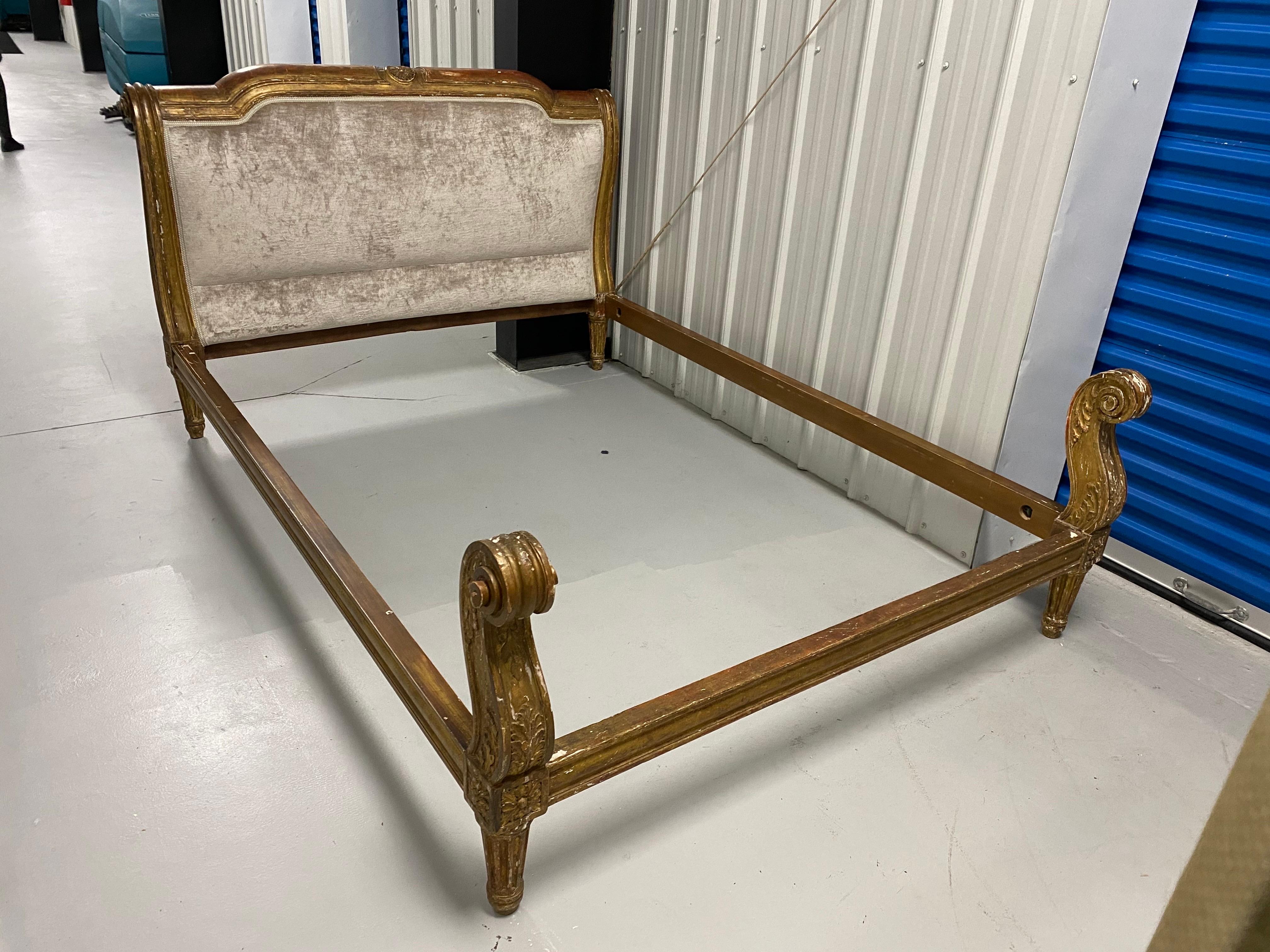 19th C. French Gilt-Wood Customized Queen Sleigh Bed with Mattress, David Easton For Sale 4