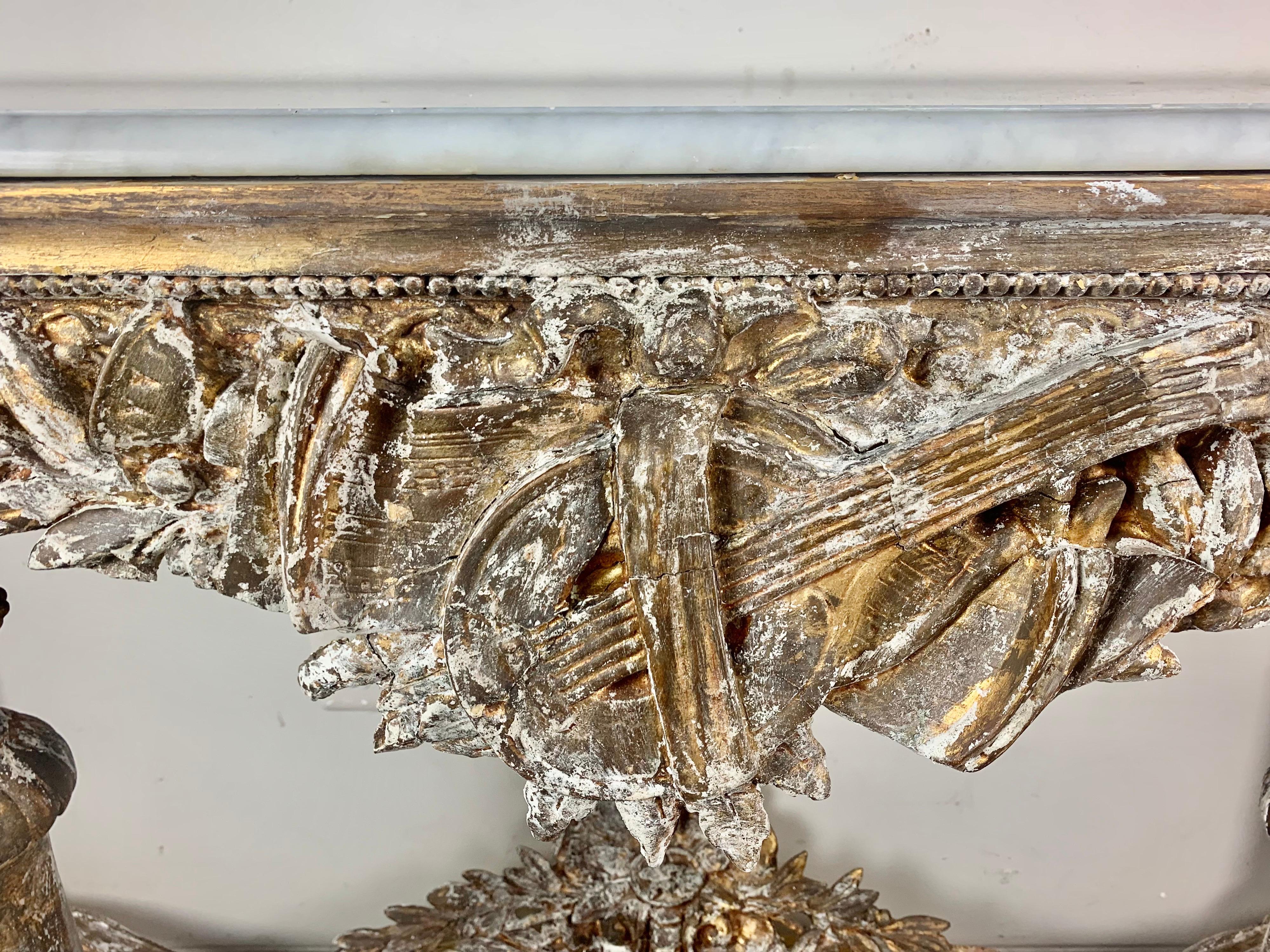 19th C. French Giltwood Console with Marble Top In Distressed Condition In Los Angeles, CA