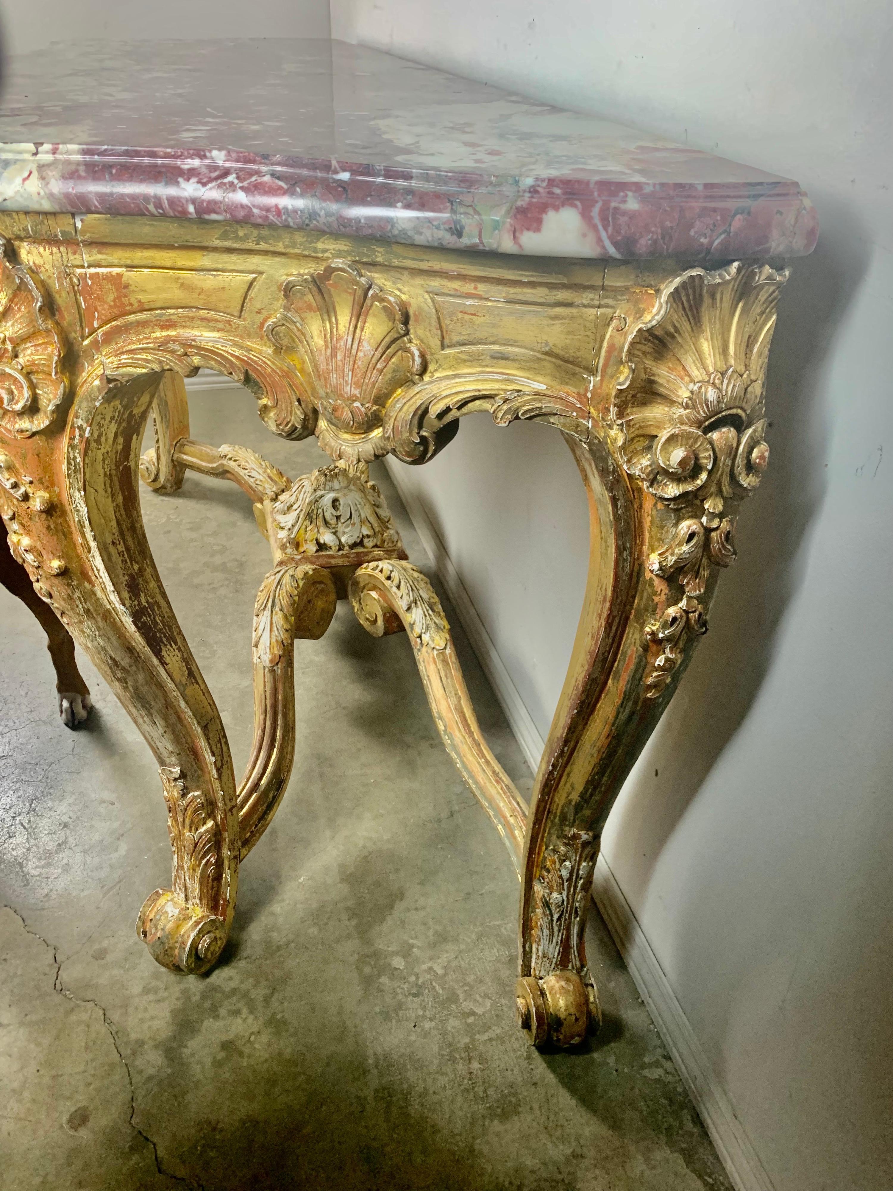 19th C. French Giltwood Rococo Style Console with Marble Top 6