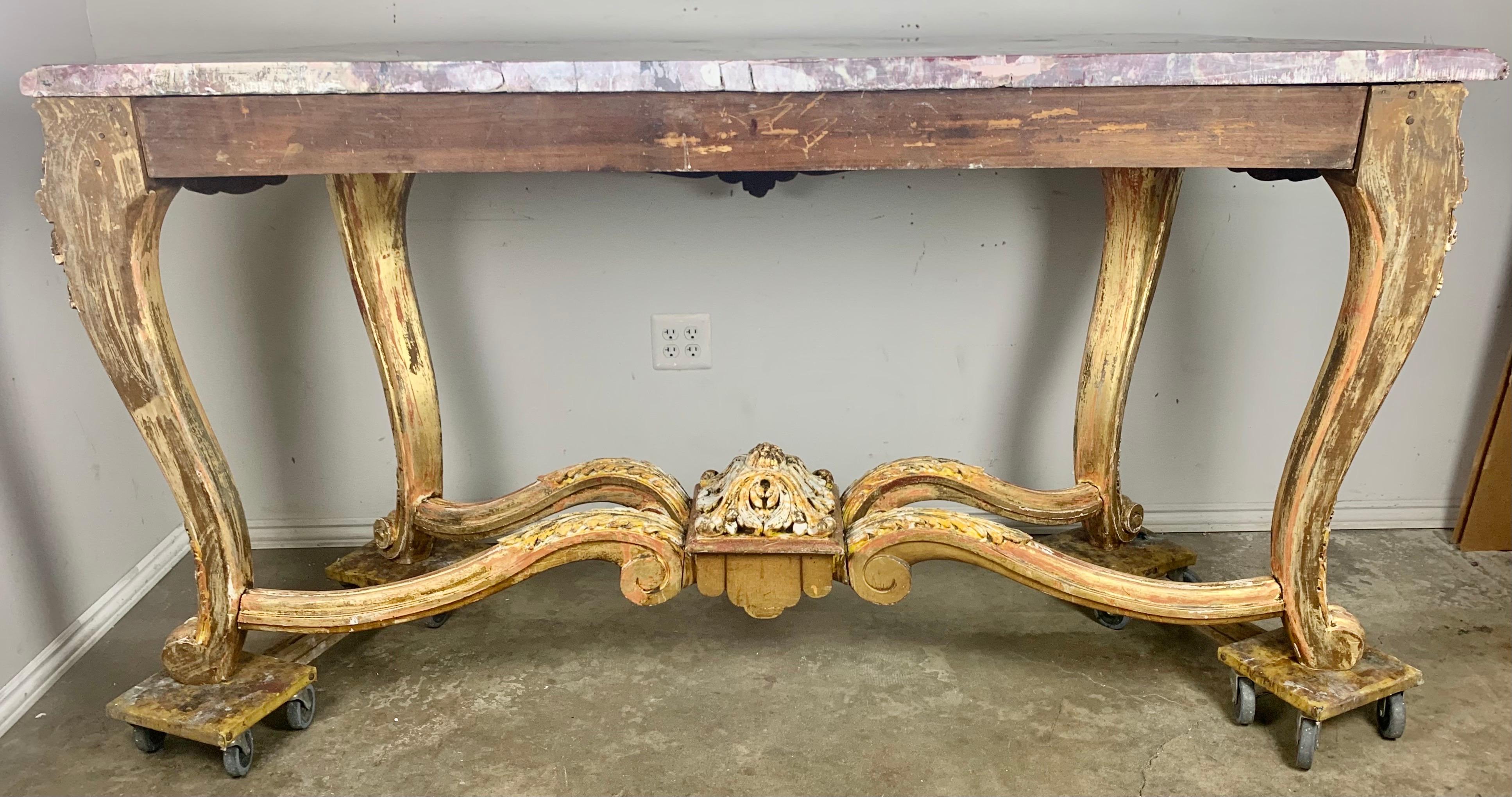 19th C. French Giltwood Rococo Style Console with Marble Top 8