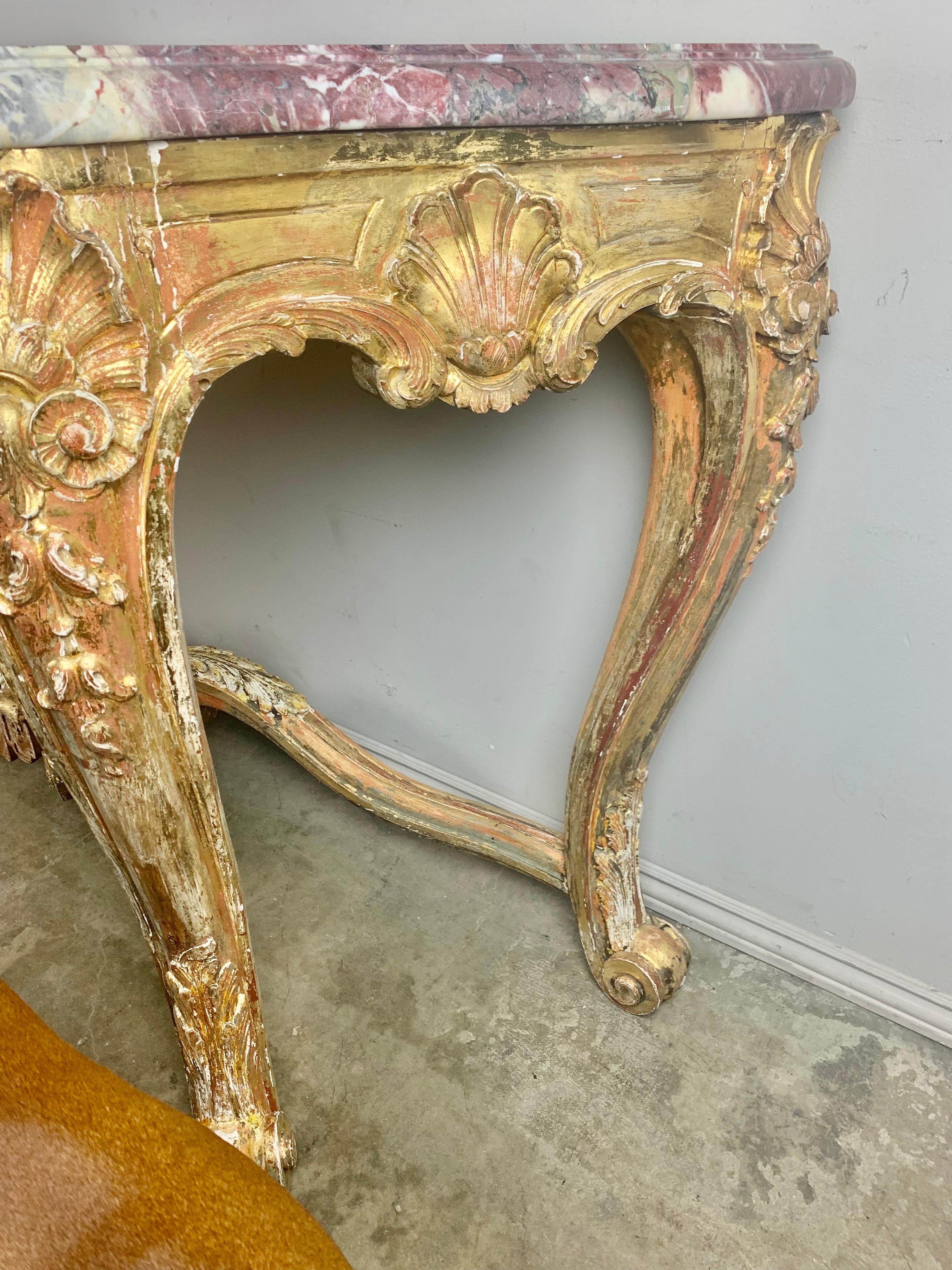 19th C. French Giltwood Rococo Style Console with Marble Top 9