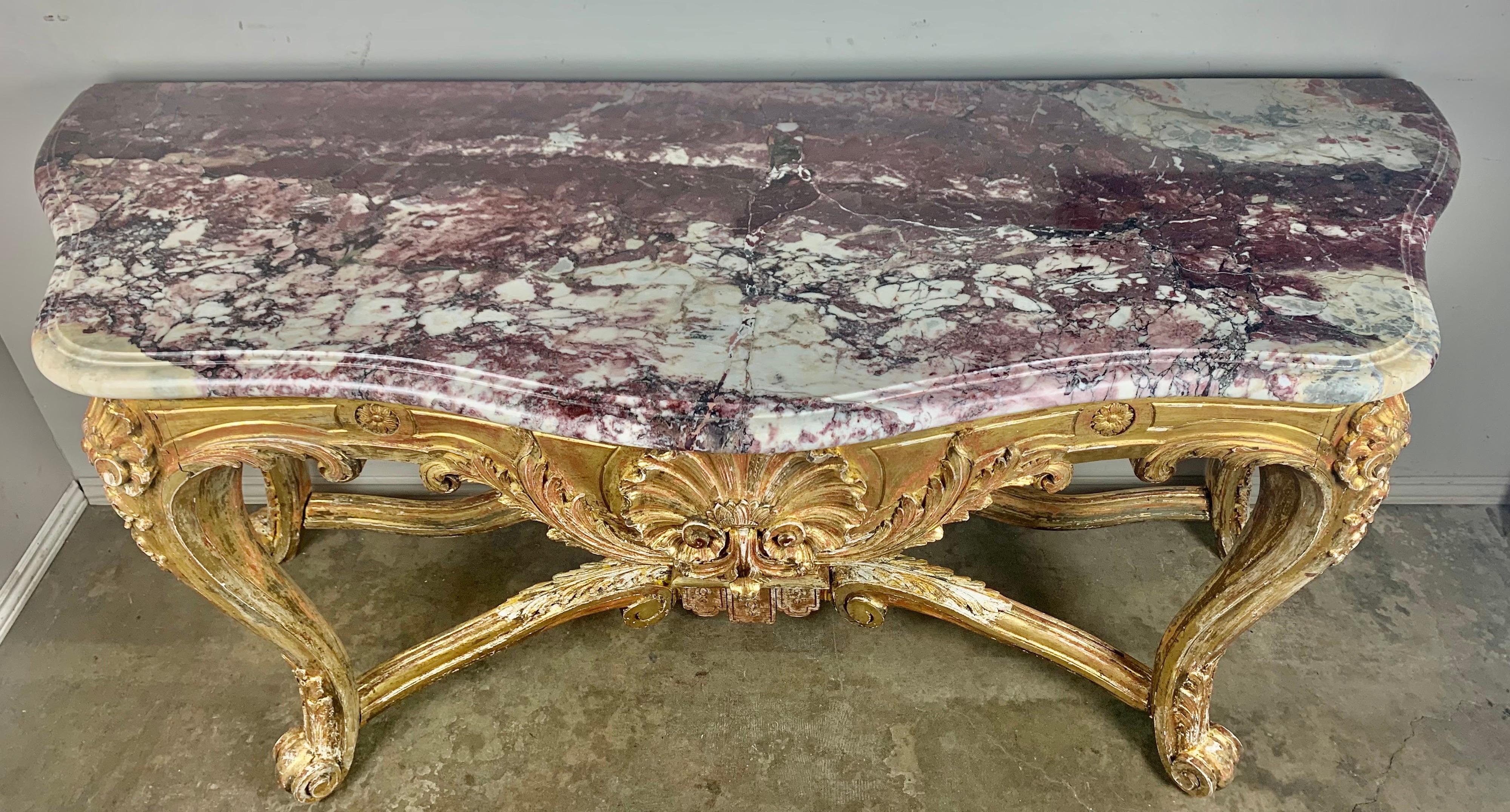 19th C. French Giltwood Rococo Style Console with Marble Top In Distressed Condition In Los Angeles, CA