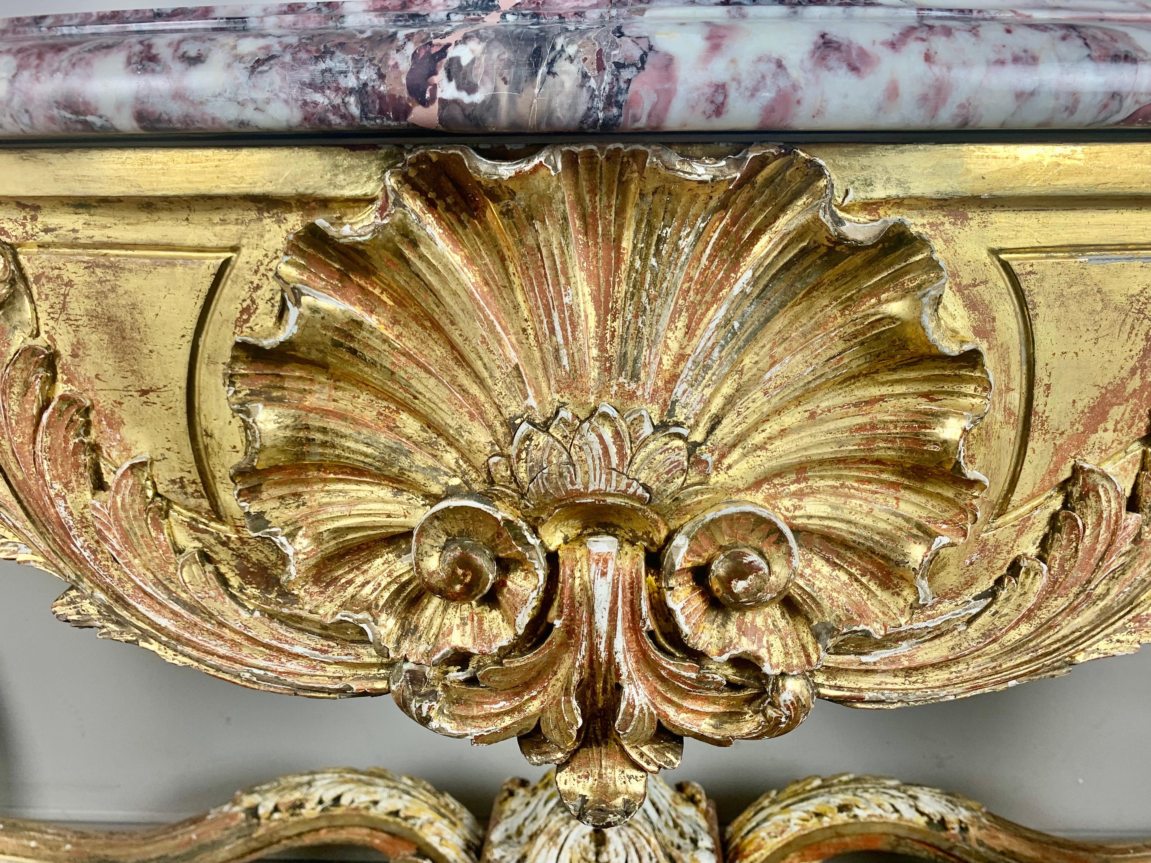 19th Century 19th C. French Giltwood Rococo Style Console with Marble Top