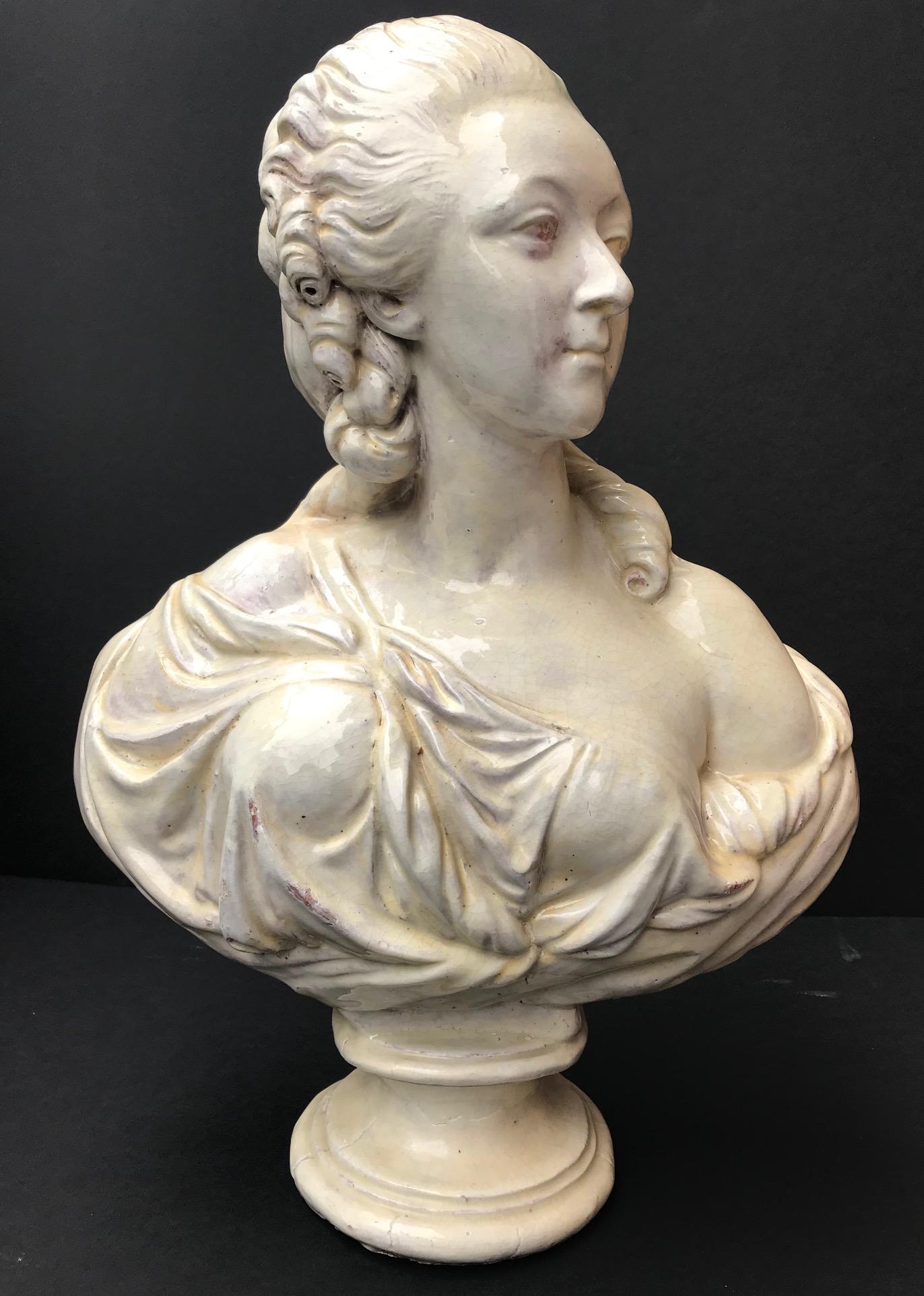 This large bust, depicting the Countess du Barry, was made after the 18th century original by Augustin Pajou. It is in the Louvre collection. He was the premier sculptor to King Louis XV of France. The celebrated sculptor rendered du Barry’s