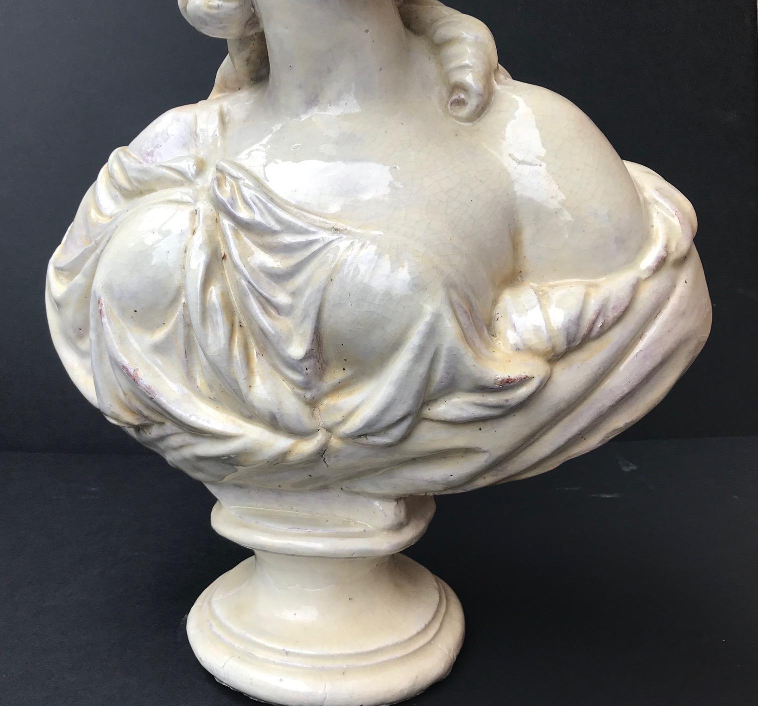Rococo 19th Century Glazed Terracotta Bust of Countess du Barry after Augustin Pajou For Sale