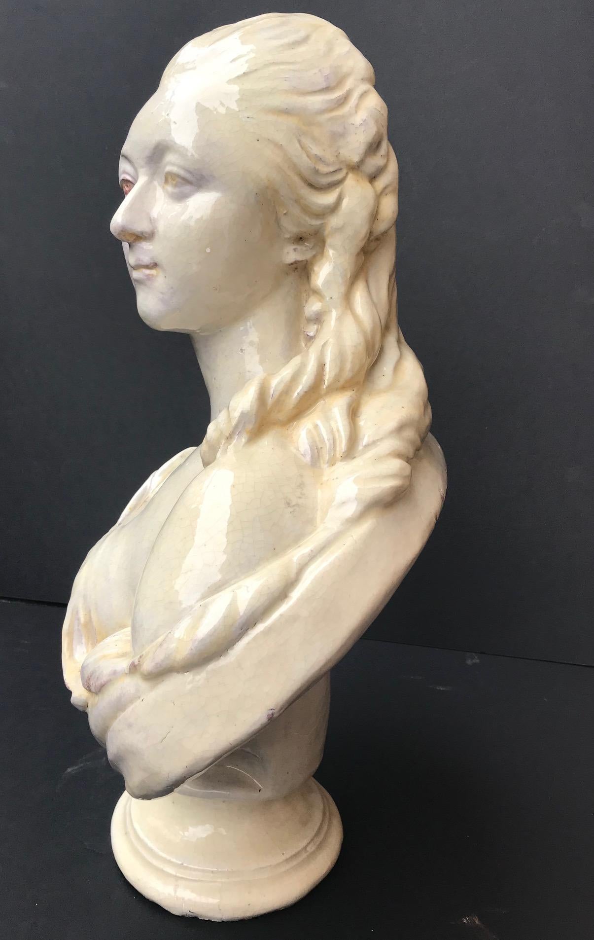 French 19th Century Glazed Terracotta Bust of Countess du Barry after Augustin Pajou For Sale