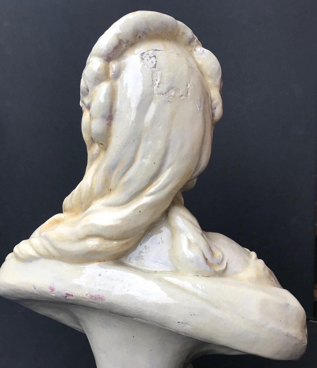19th Century Glazed Terracotta Bust of Countess du Barry after Augustin Pajou For Sale 1
