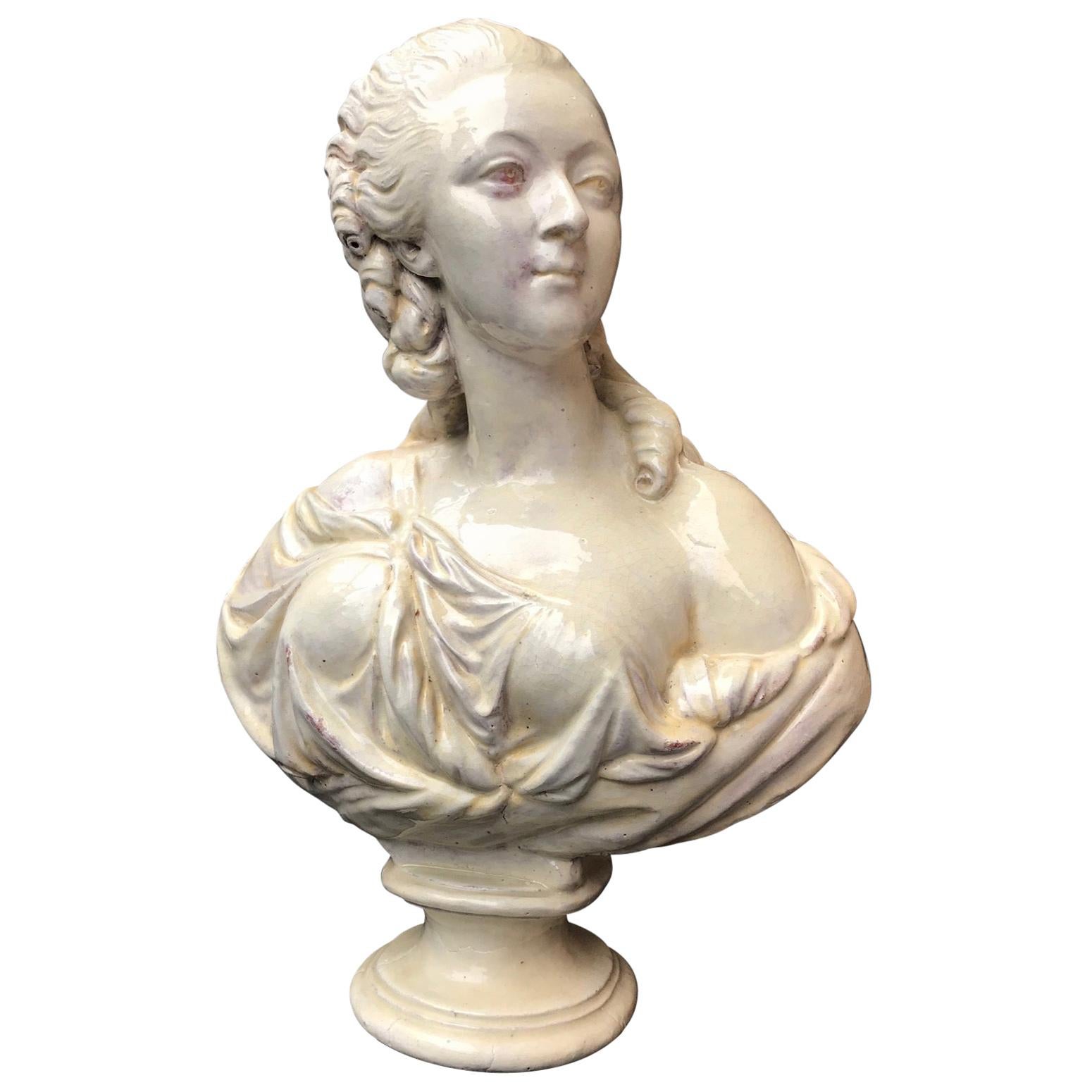 19th Century Glazed Terracotta Bust of Countess du Barry after Augustin Pajou For Sale