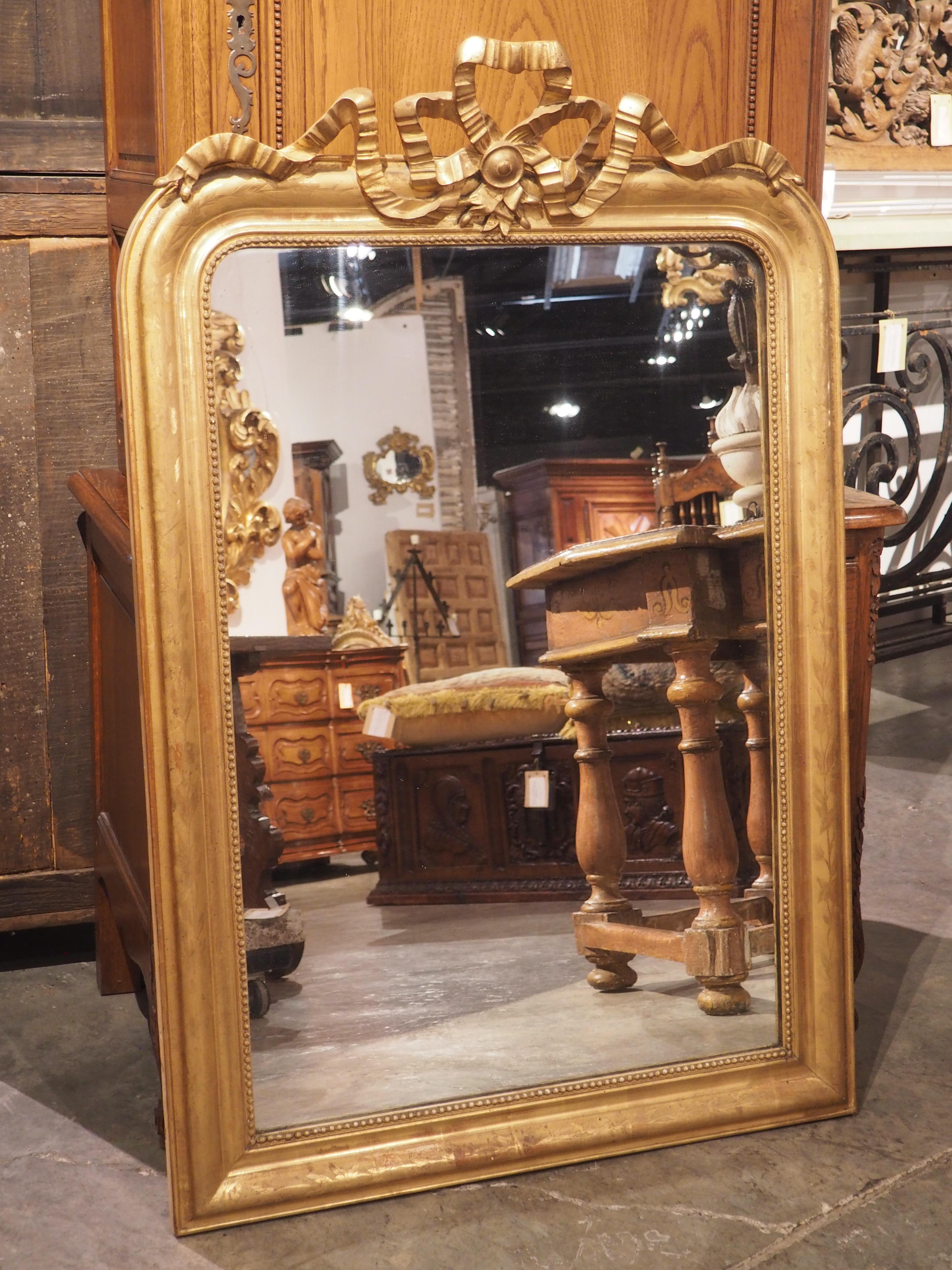 19th C. French Gold Louis Philippe Mirror with Crinkled Bow and Floral Motifs 11
