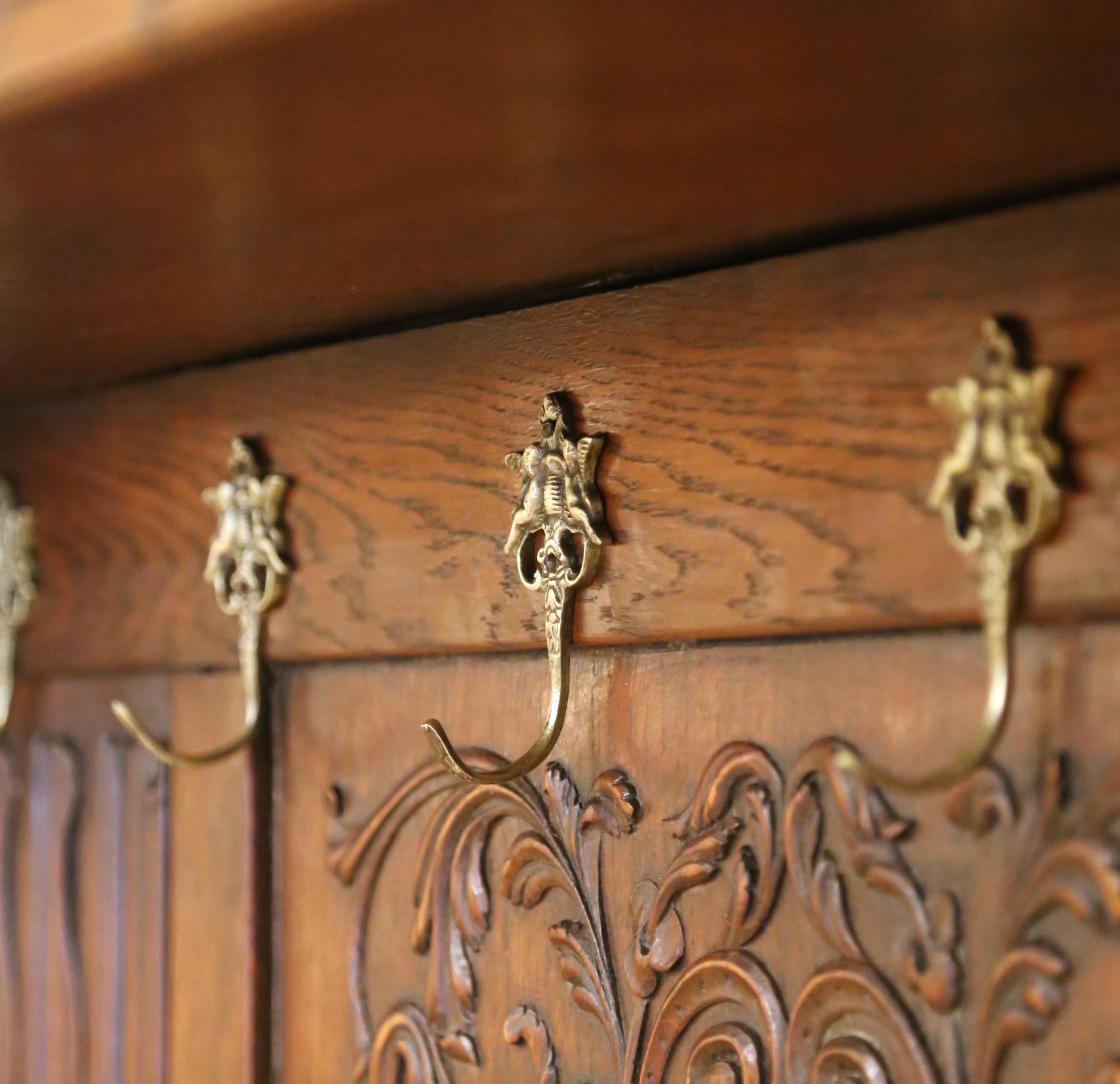 19th C. French Gothic Oak Hall Stand Bench Heraldic Crest and Linen Fold Panels For Sale 4