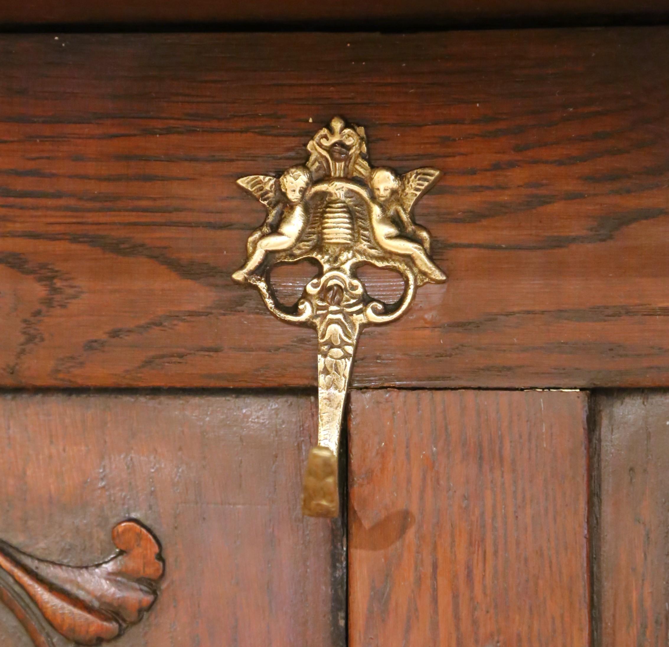 19th C. French Gothic Oak Hall Stand Bench Heraldic Crest and Linen Fold Panels For Sale 5