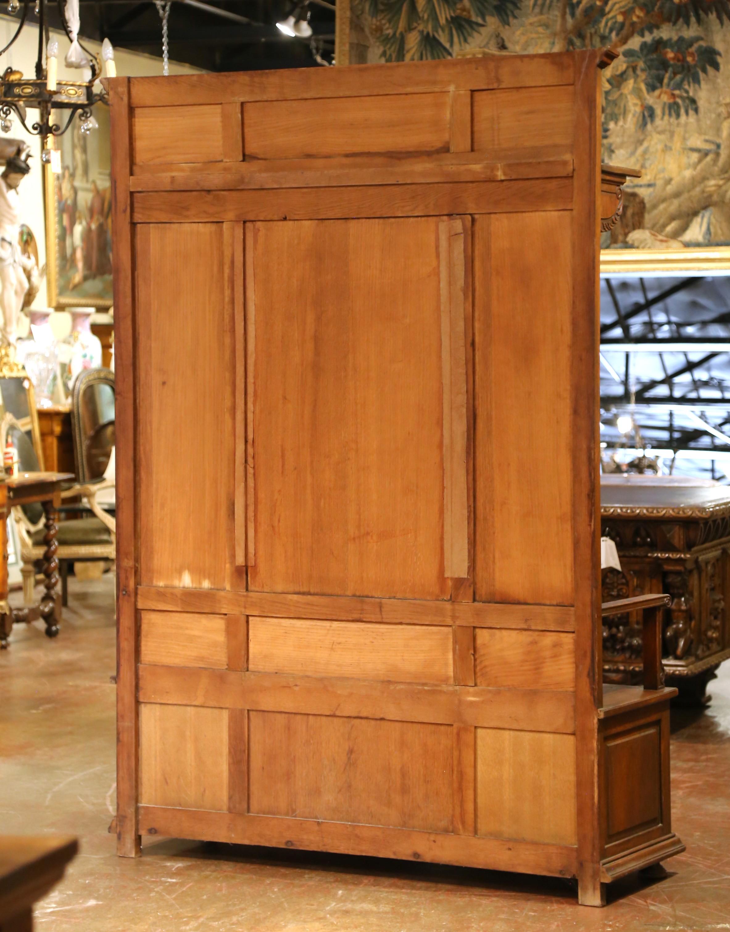19th C. French Gothic Oak Hall Stand Bench Heraldic Crest and Linen Fold Panels For Sale 8