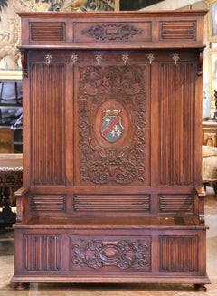 19th C. French Gothic Oak Hall Stand Bench Heraldic Crest and Linen Fold Panels
