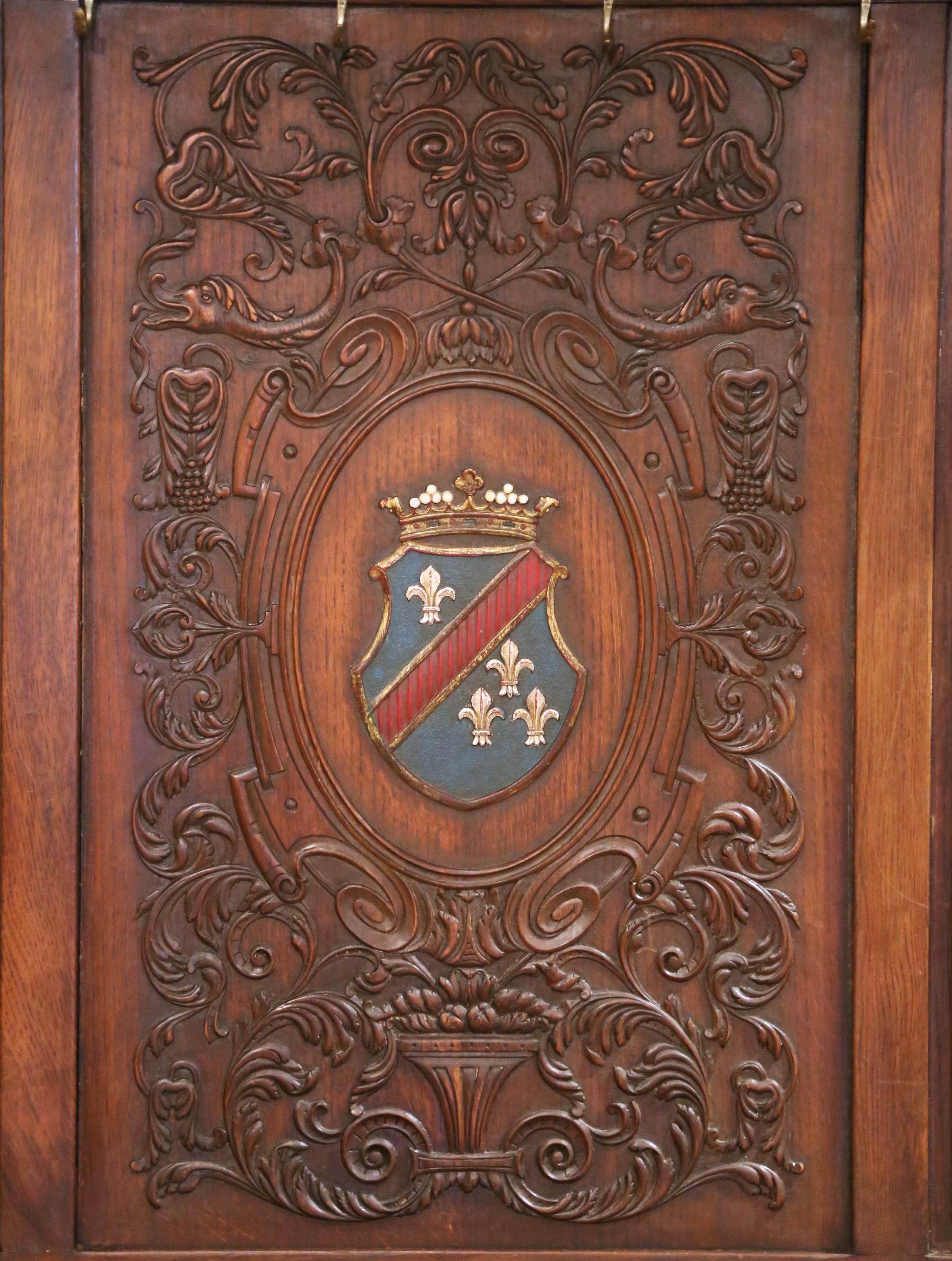 Louis XVI 19th C. French Gothic Oak Hall Stand Bench Heraldic Crest and Linen Fold Panels For Sale