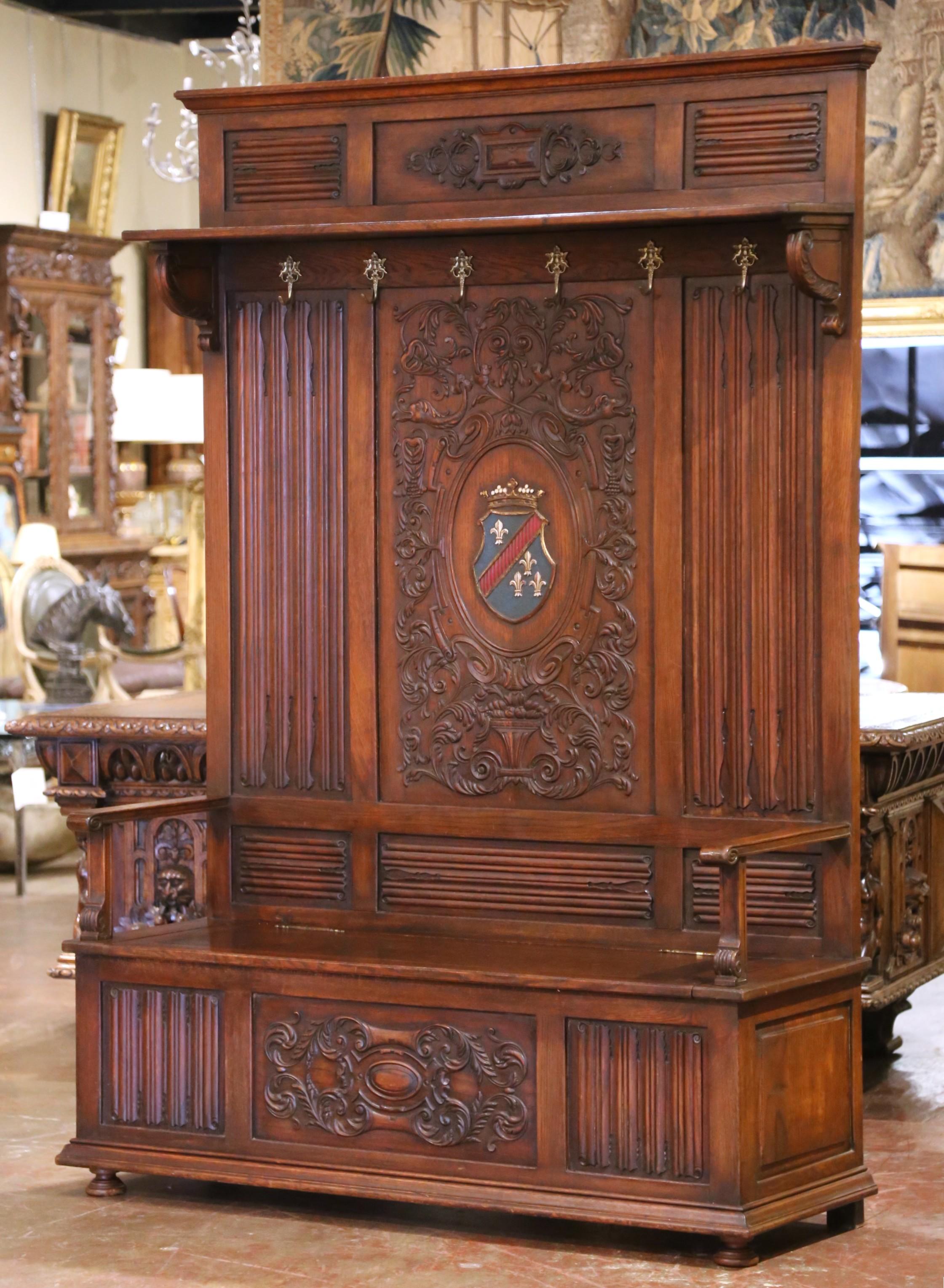 19th Century 19th C. French Gothic Oak Hall Stand Bench Heraldic Crest and Linen Fold Panels For Sale