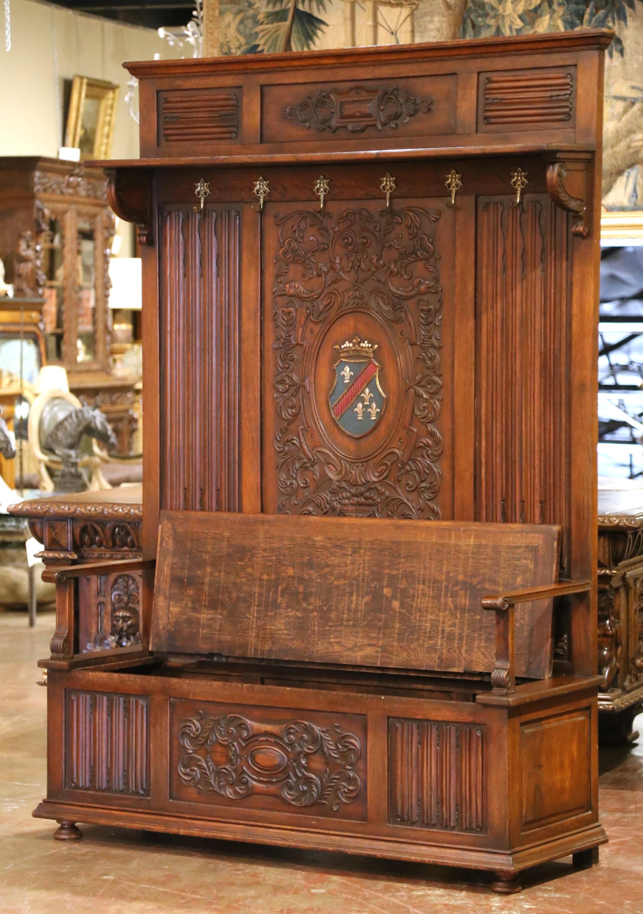 19th C. French Gothic Oak Hall Stand Bench Heraldic Crest and Linen Fold Panels For Sale 1