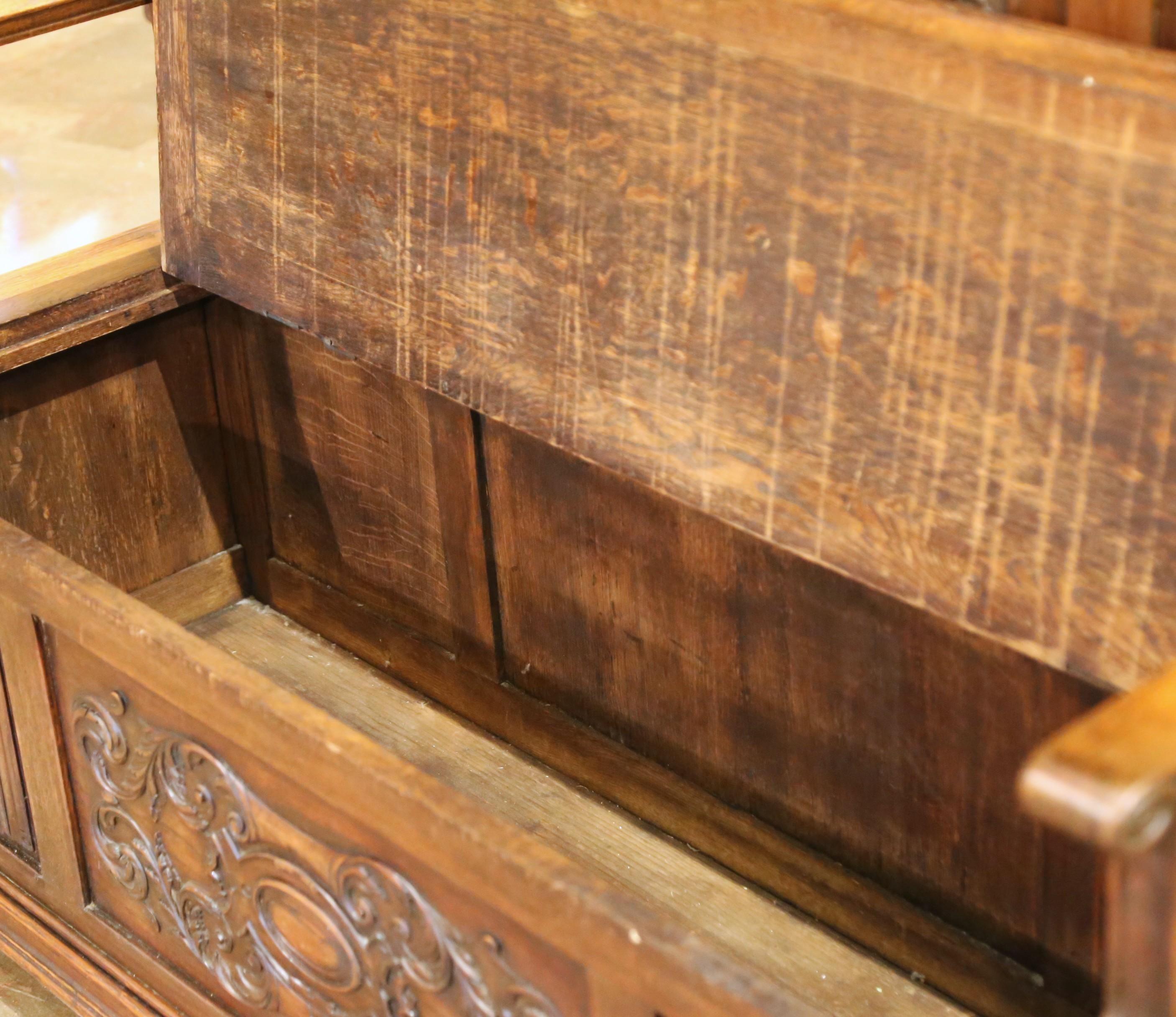 19th C. French Gothic Oak Hall Stand Bench Heraldic Crest and Linen Fold Panels For Sale 2