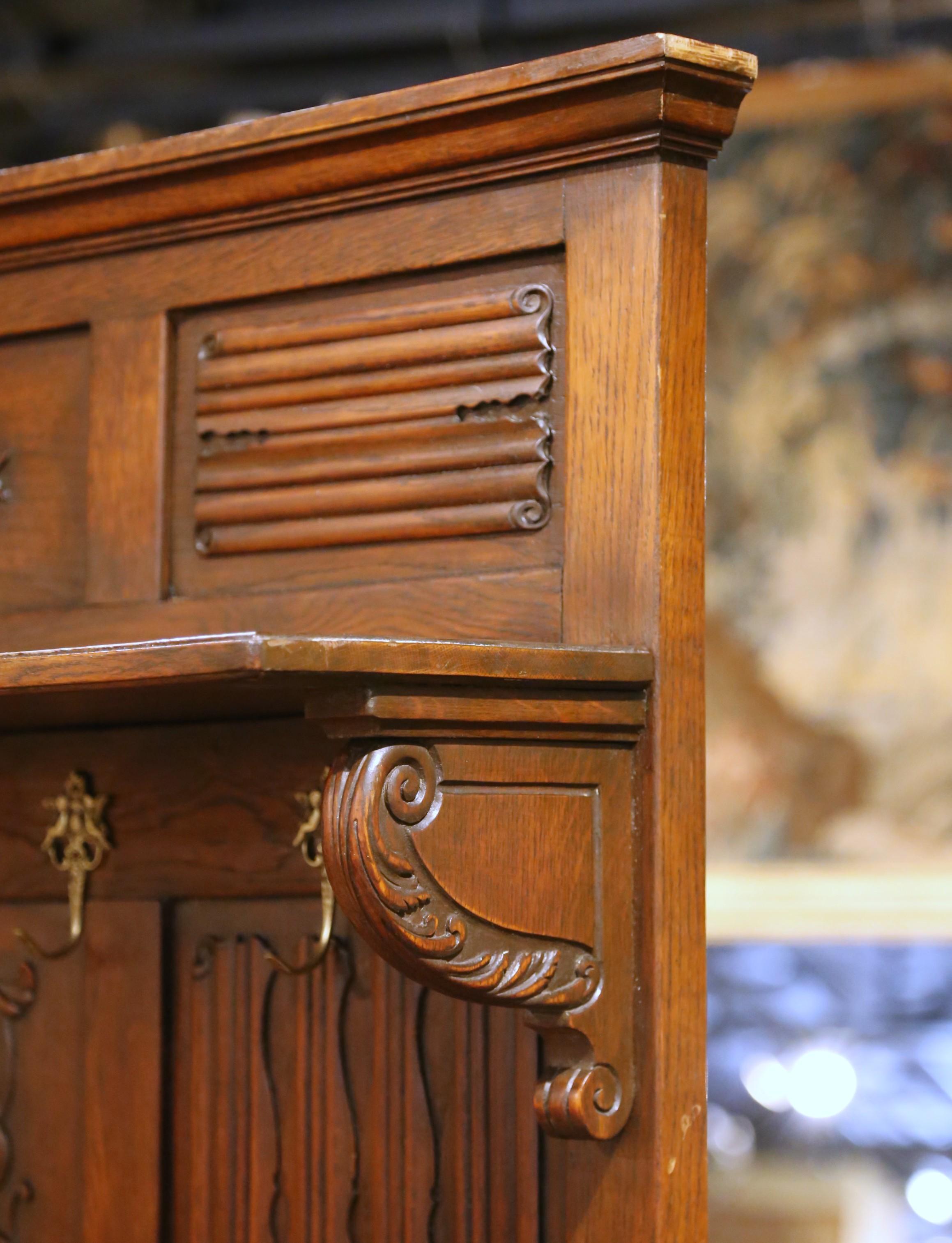 19th C. French Gothic Oak Hall Stand Bench Heraldic Crest and Linen Fold Panels For Sale 3