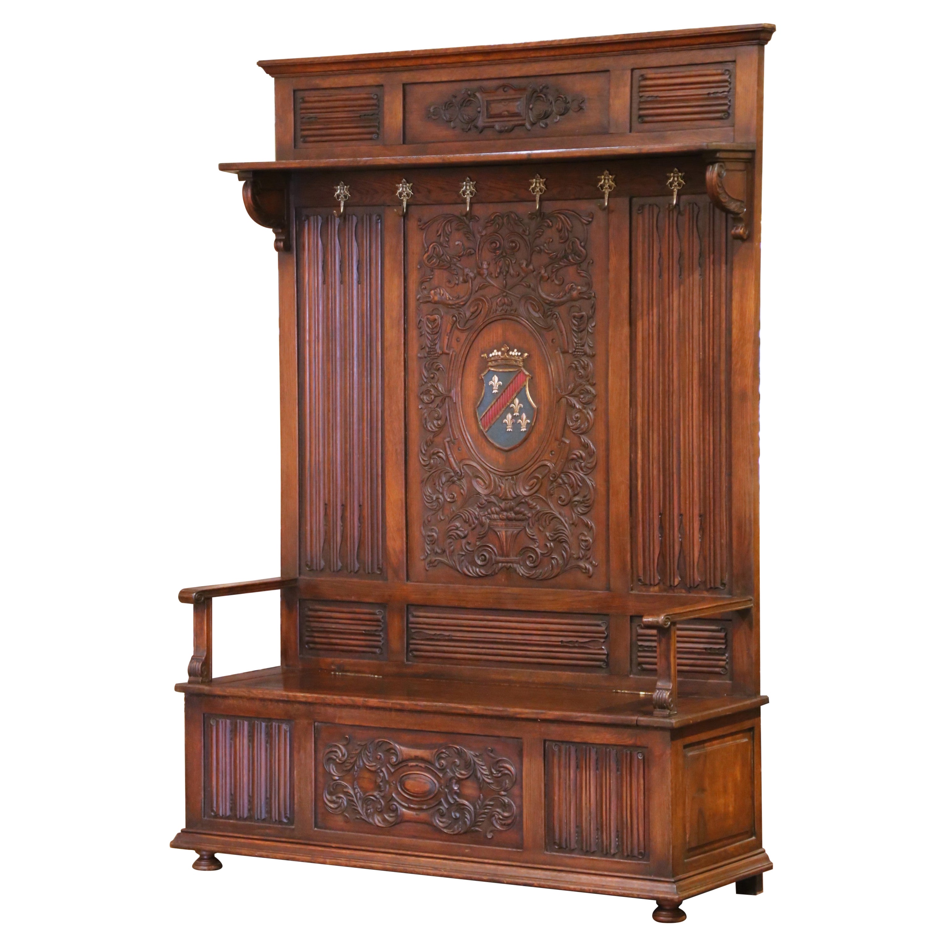 19th C. French Gothic Oak Hall Stand Bench Heraldic Crest and Linen Fold Panels For Sale
