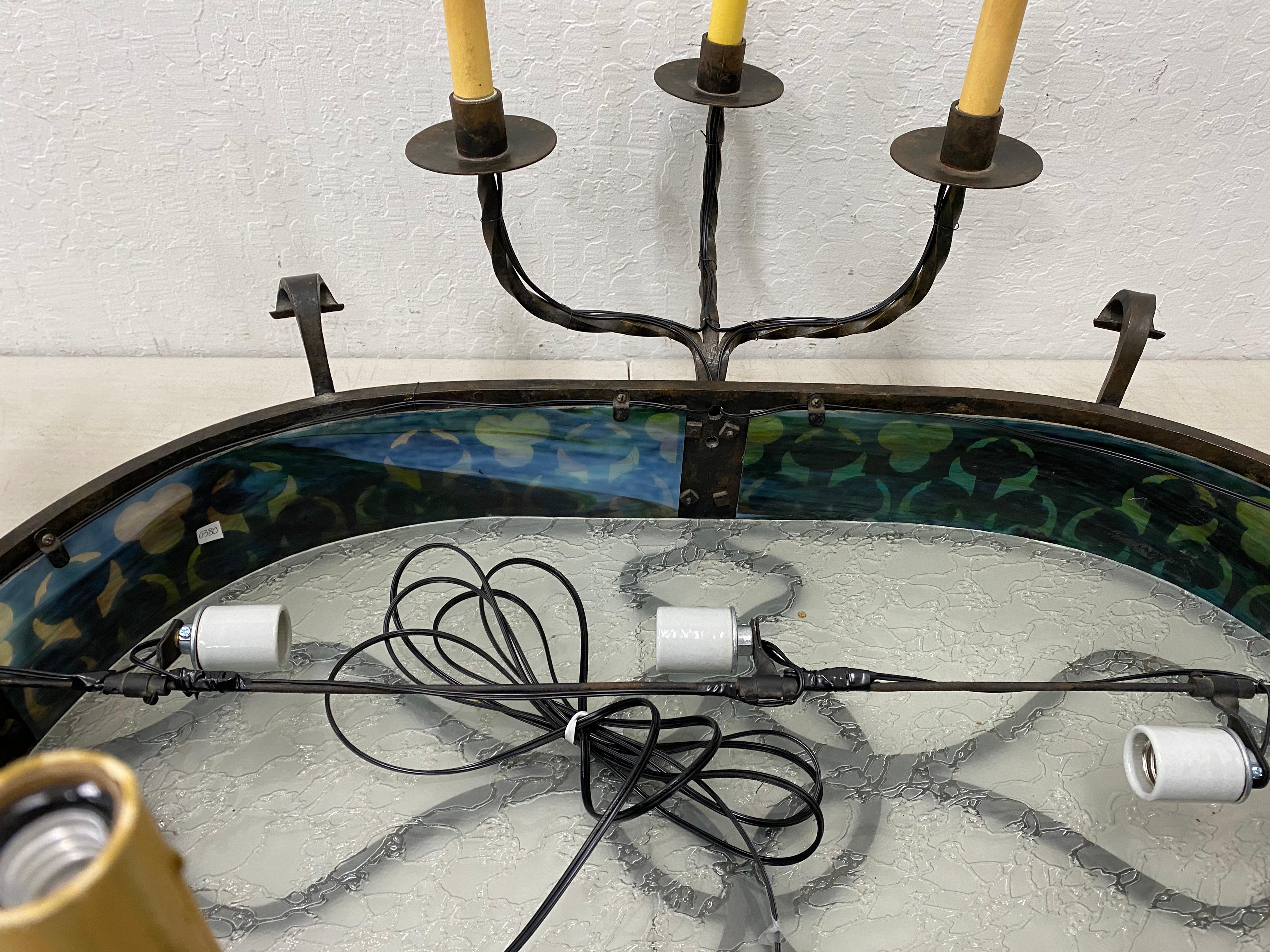 19th Century French Gothic Wrought Iron and Stained Glass 12-Light Chandelier In Good Condition For Sale In San Francisco, CA