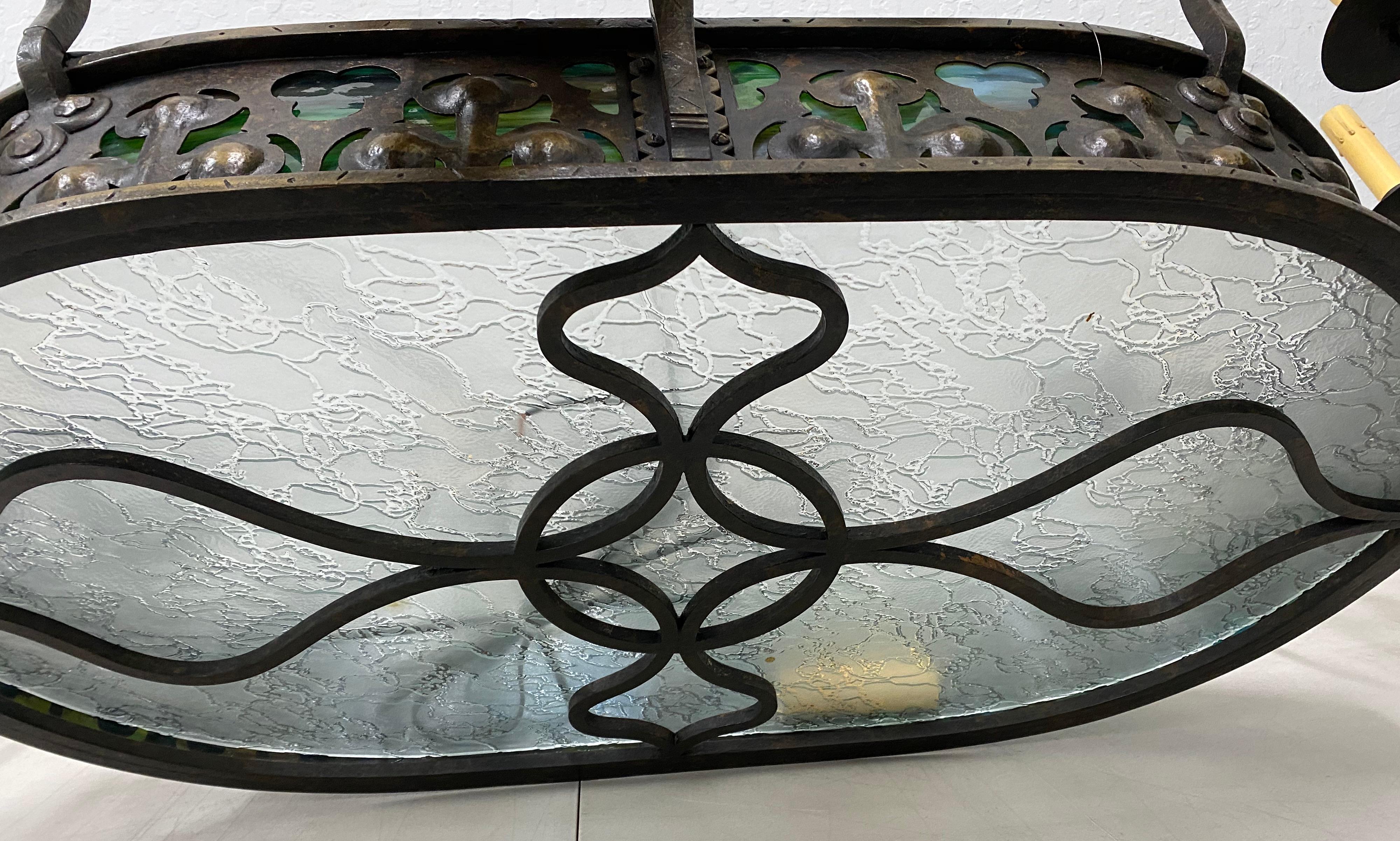 19th Century French Gothic Wrought Iron and Stained Glass 12-Light Chandelier For Sale 3