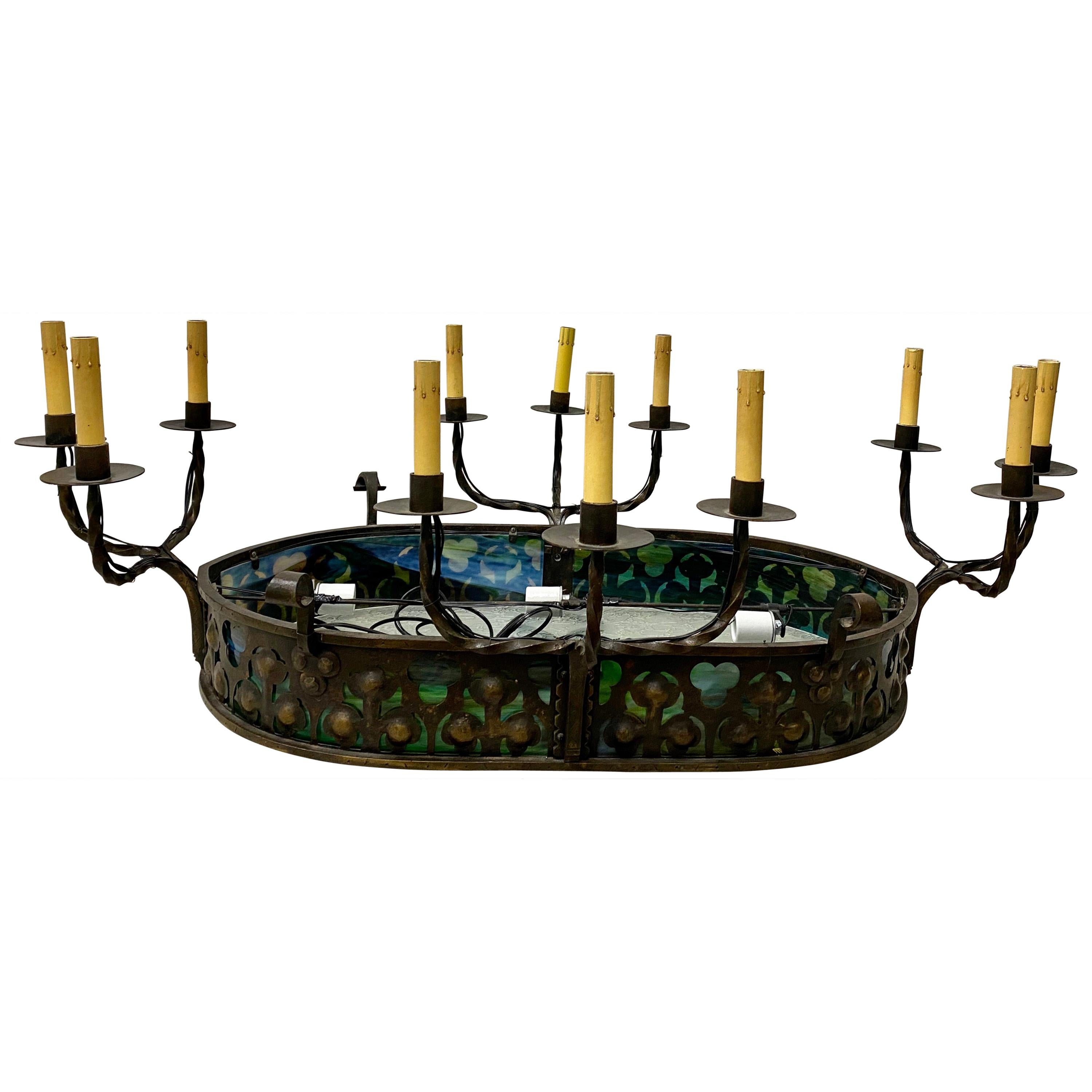 19th Century French Gothic Wrought Iron and Stained Glass 12-Light Chandelier For Sale