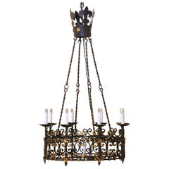 19th C. French Gothic Wrought Iron Chandelier with Crown Top and Gilt Accents