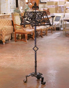 19th C. French Gothic Wrought Iron Lectern or Music Stand with Candles Holder