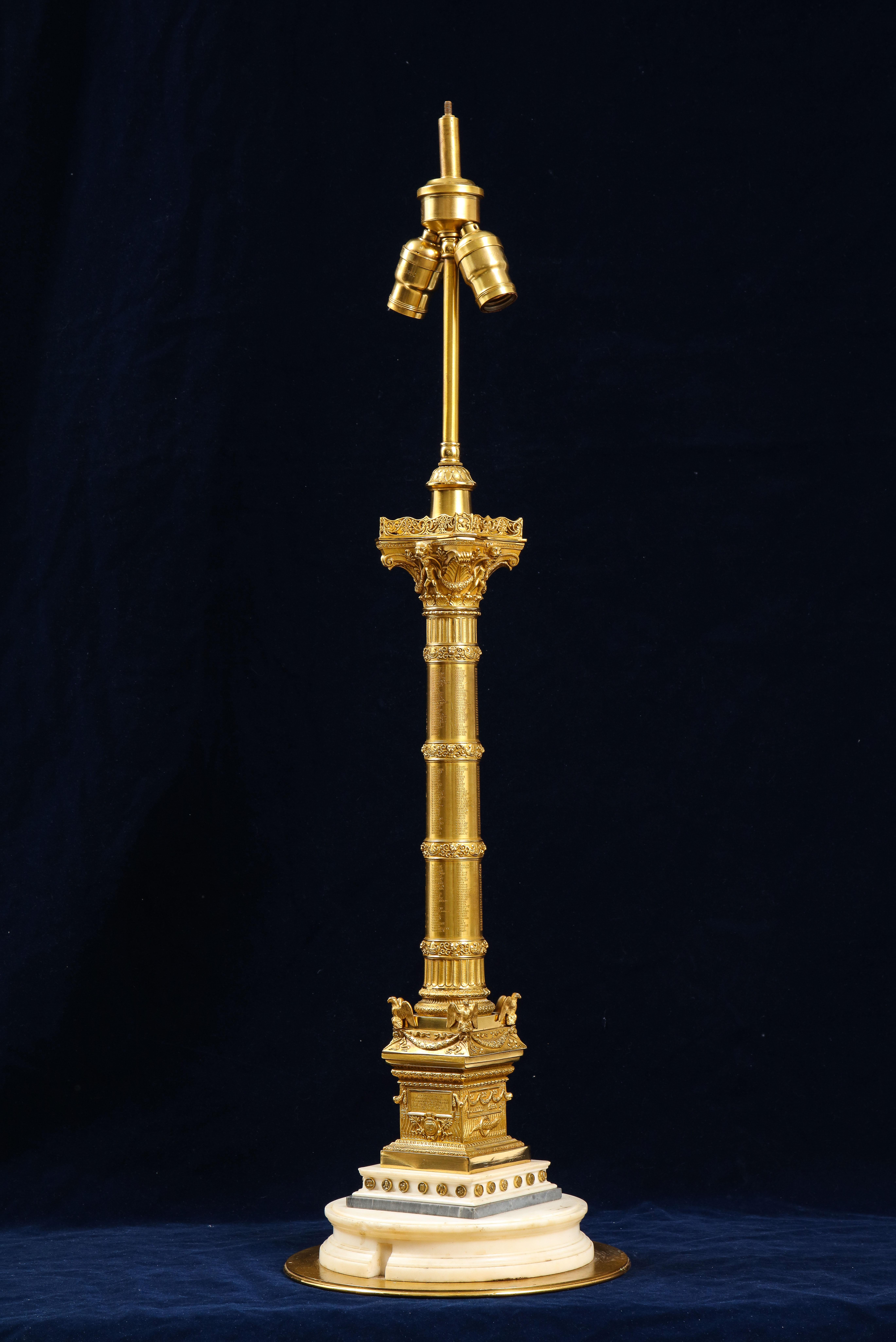 Hand-Carved 19th C. French Grand Tour Dore Bronze Colonne de Juillet Mounted as a Lamp For Sale