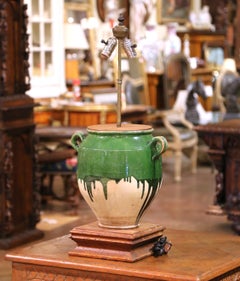 19th C. French Green Glazed Confit Pot Table Lamp with Custom Shade and Finial