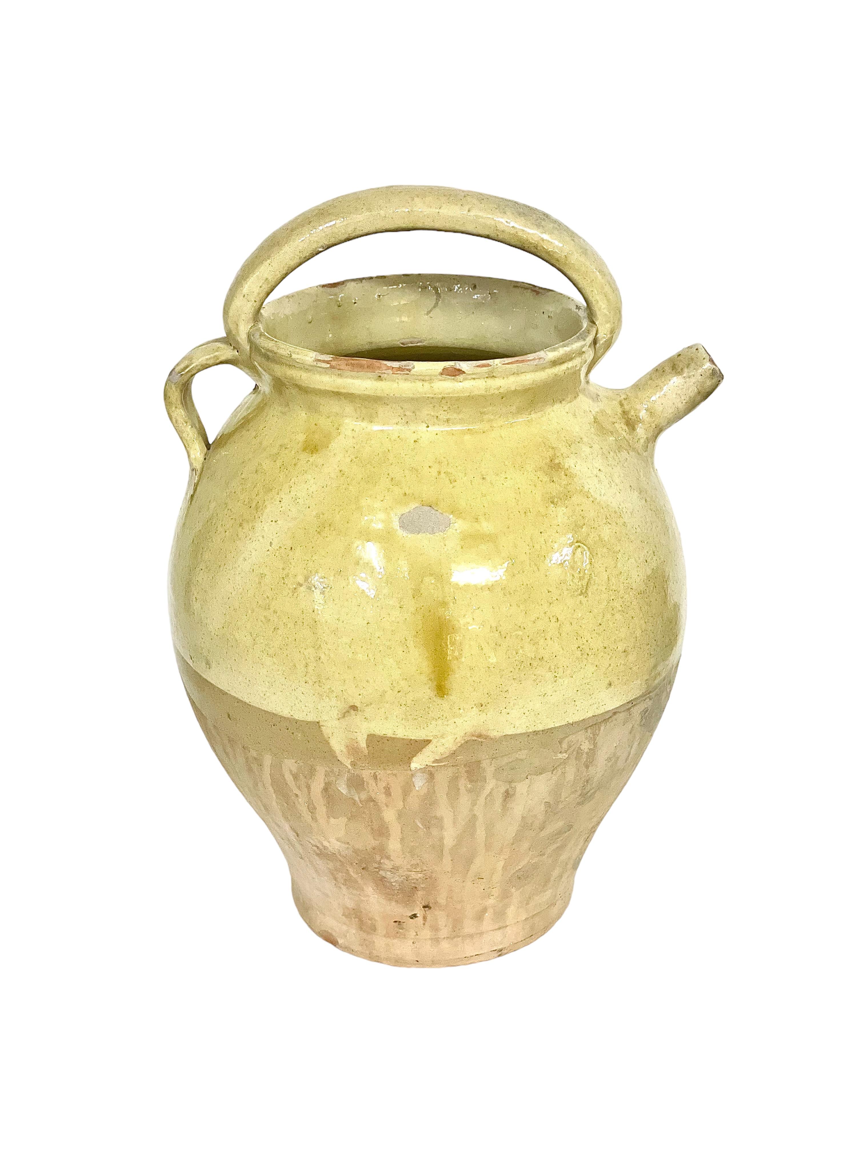 Rustic 19th C. French Half Glazed Terracotta Water Cruche For Sale