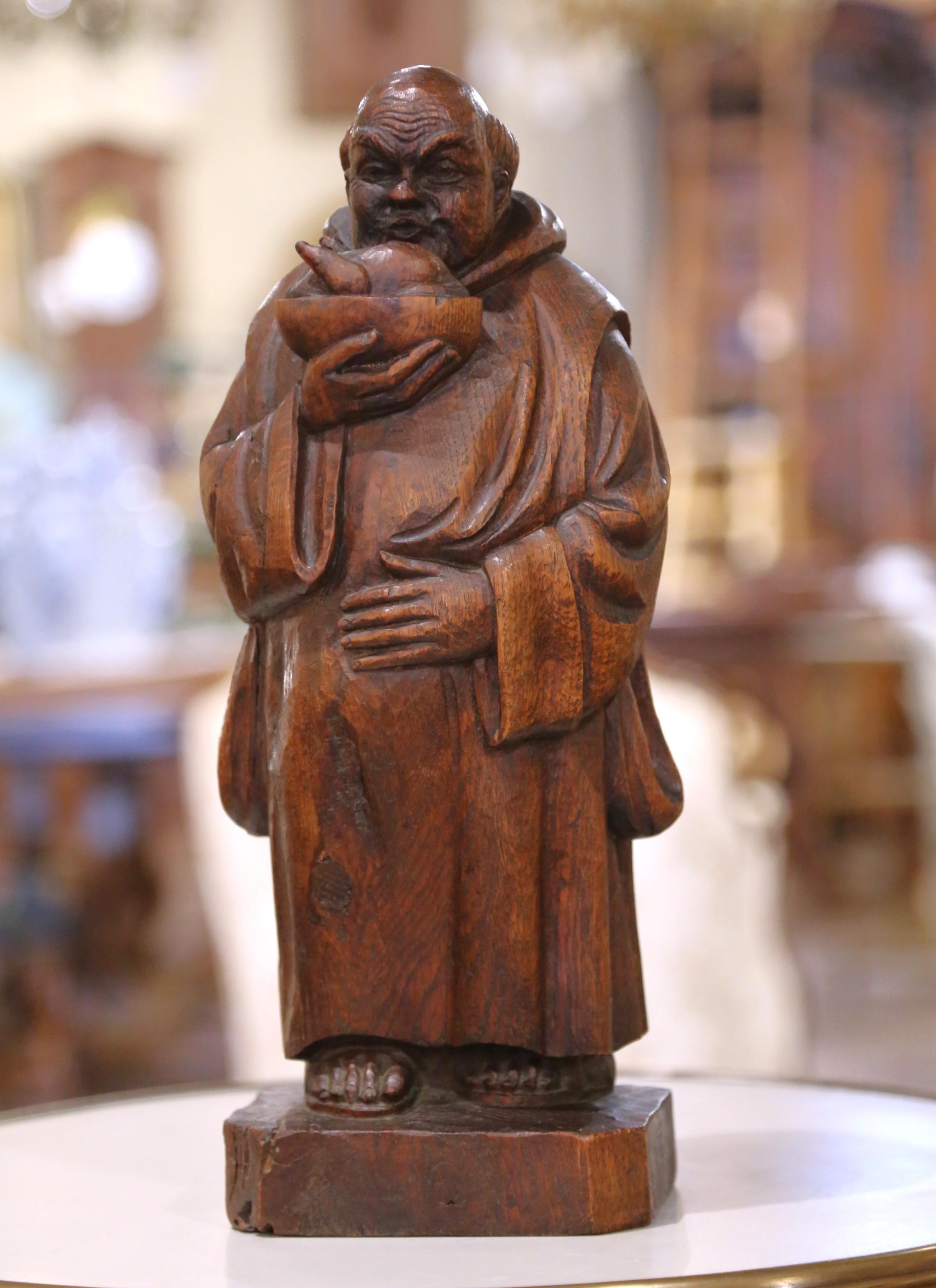 Hand-Carved 19th C. French Hand Carved Oak Monk Figure in Gothic Style Robe Holding Bowl For Sale