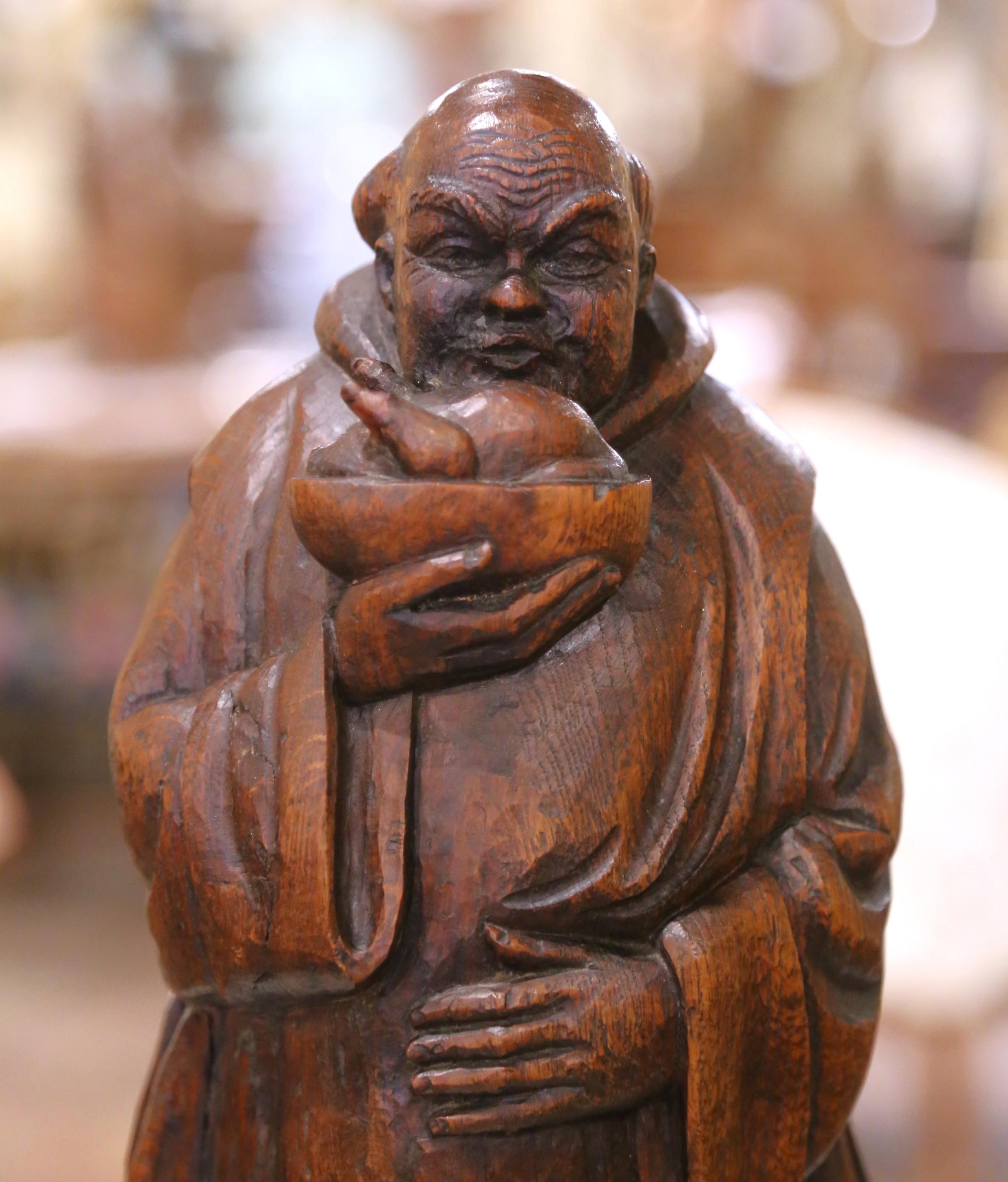 19th C. French Hand Carved Oak Monk Figure in Gothic Style Robe Holding Bowl In Excellent Condition For Sale In Dallas, TX